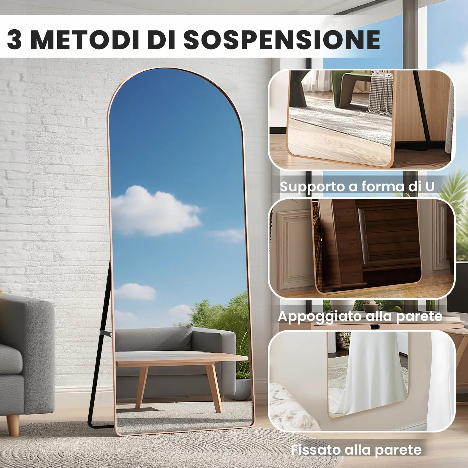 Specchio da Terra ad Arco 160x50 cm, Specchio da Parete con Cornice in Alluminio Dorato, Design Moderno, da Appoggiare o Appendere per Soggiorno, Camera da Letto, Ingresso