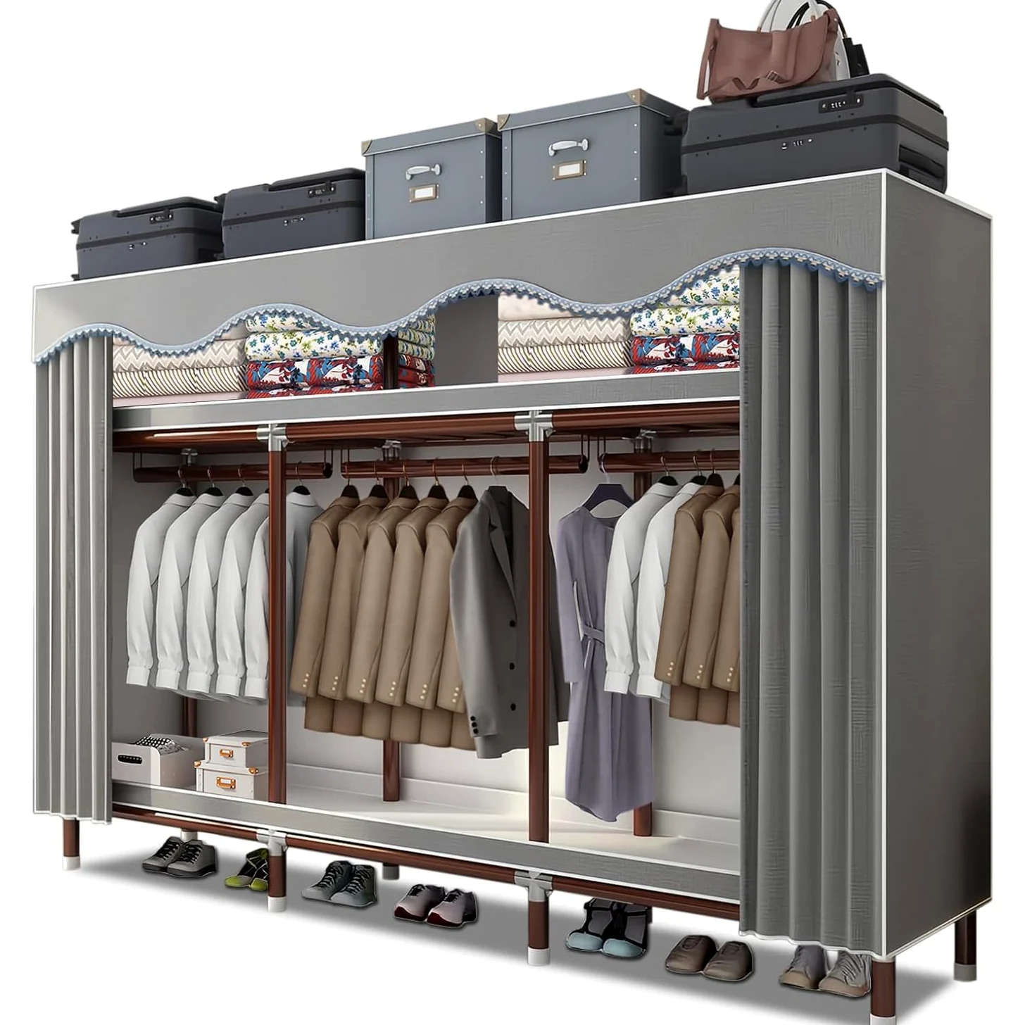 Armadio in Tessuto, Armadio Salvaspazio Guardaroba, Armadio Portatile Grigio, Armadio Guardaroba per Camera da Letto, Tubo in Acciaio per Elettroforesi Verniciato da 25 mm, 200 x 46 x 170 cm