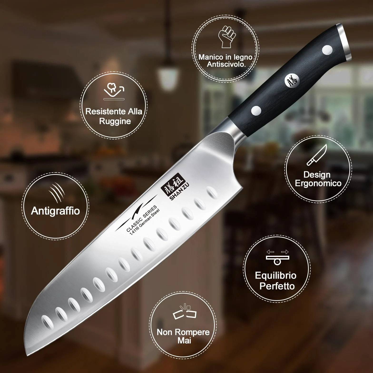 SHAN ZU Coltello da Chef Santoku 18 cm Acciaio Inox German 3 Strati Manico Pakkawood