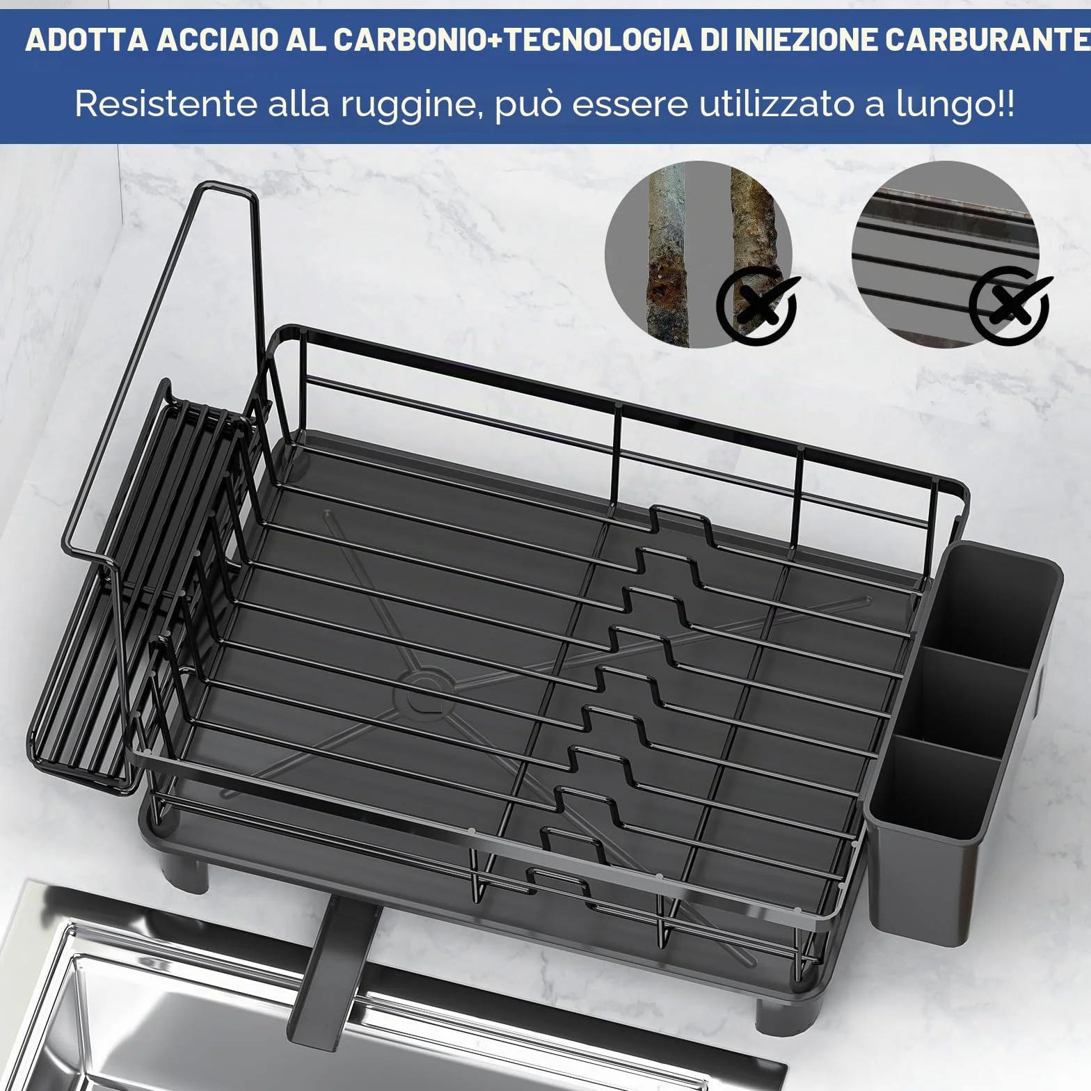 Scolapiatti Scaffale per Stoviglie con Portaposate Drenaggio Regolabile Nero Antiruggine