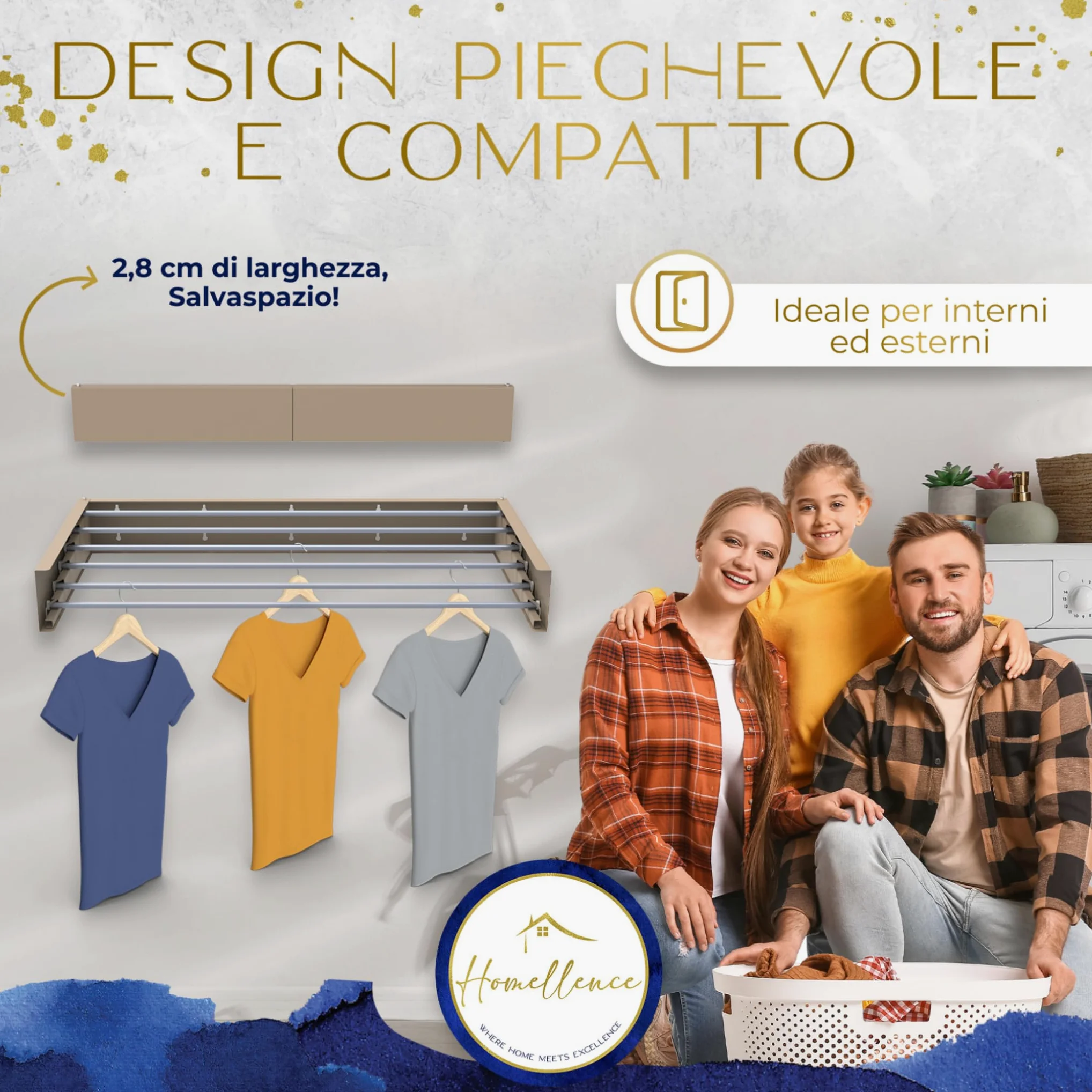 Homellence | Stendibiancheria a Parete | Stendino Salvaspazio Pieghevole da Muro | Stendino Estensibile per Interni ed Esterni | Bagno, Lavanderia | Acciaio Inox Resistente (Beige/Cappuccino, 100 cm)