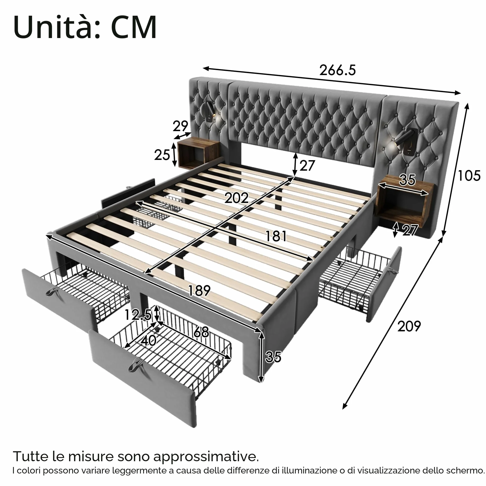 Set Completo per Letto Matrimoniale - Letto Imbottito 180 x 200 cm, Comodini e Cassetti, Lampada da Lettura USB