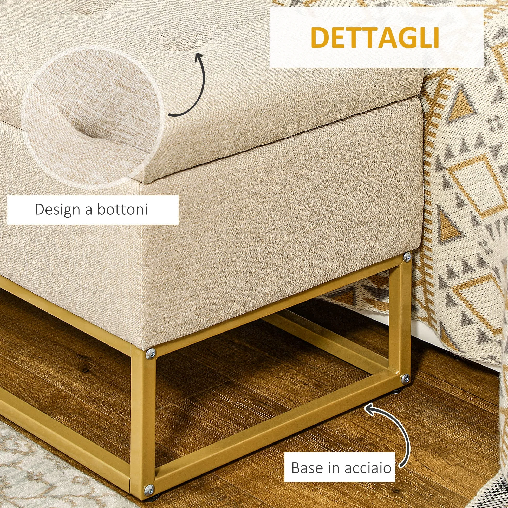 HOMCOM Panca Contenitore Rettangolare con Seduta Imbottita e Gambe in Acciaio, Pouf Poggiapiedi in Tessuto Effetto Lino per Camera da Letto e Soggiorno, 110x44x49 cm, Beige