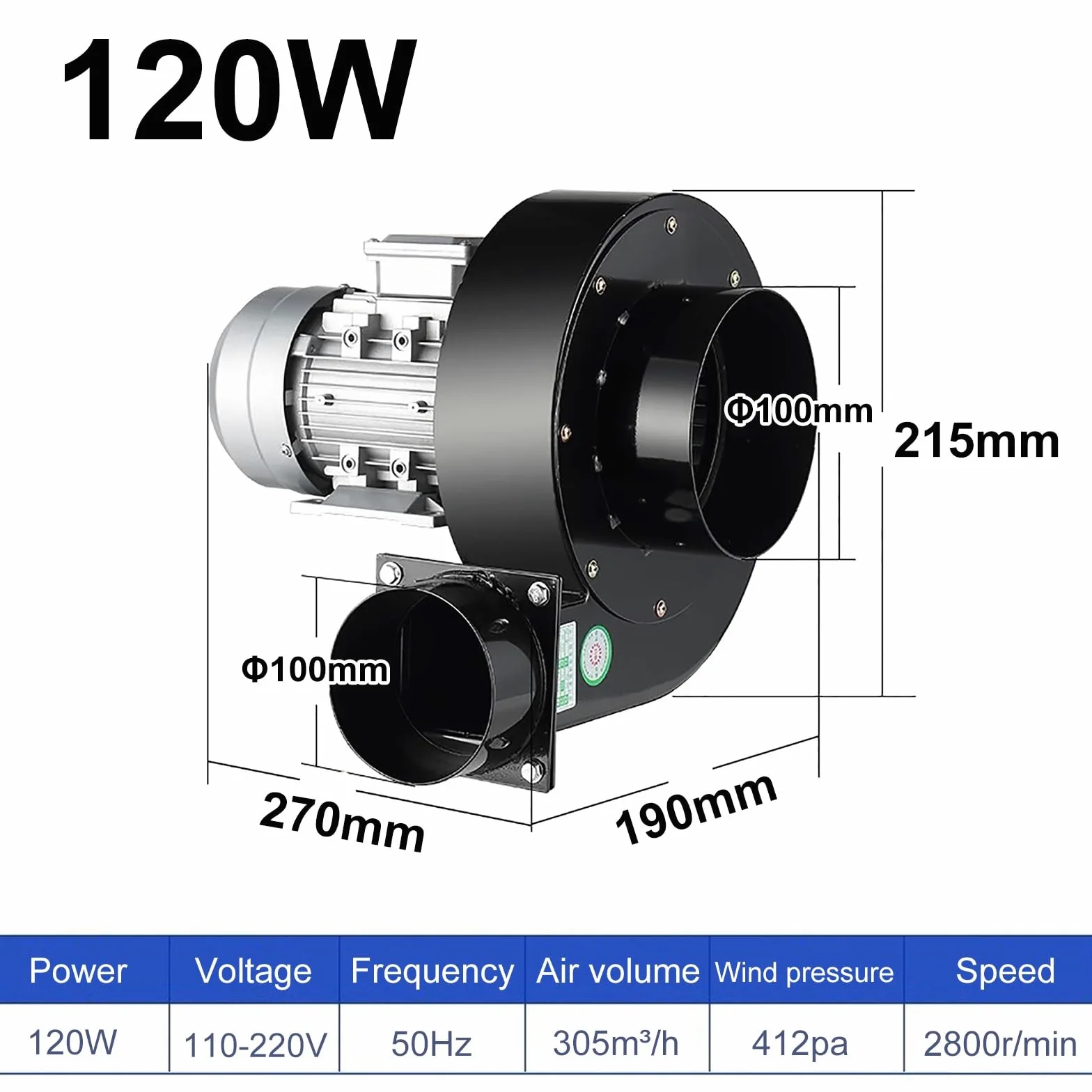 Soffiatore Centrifugo, Soffiatore a Bassa Rumorosità Soffiatore Industriale, Doppio Scopo di Aspirazione e Soffiaggio, Adatto per la Combustione di Caldaie, Ventilazione di Fabbrica(270*190*2