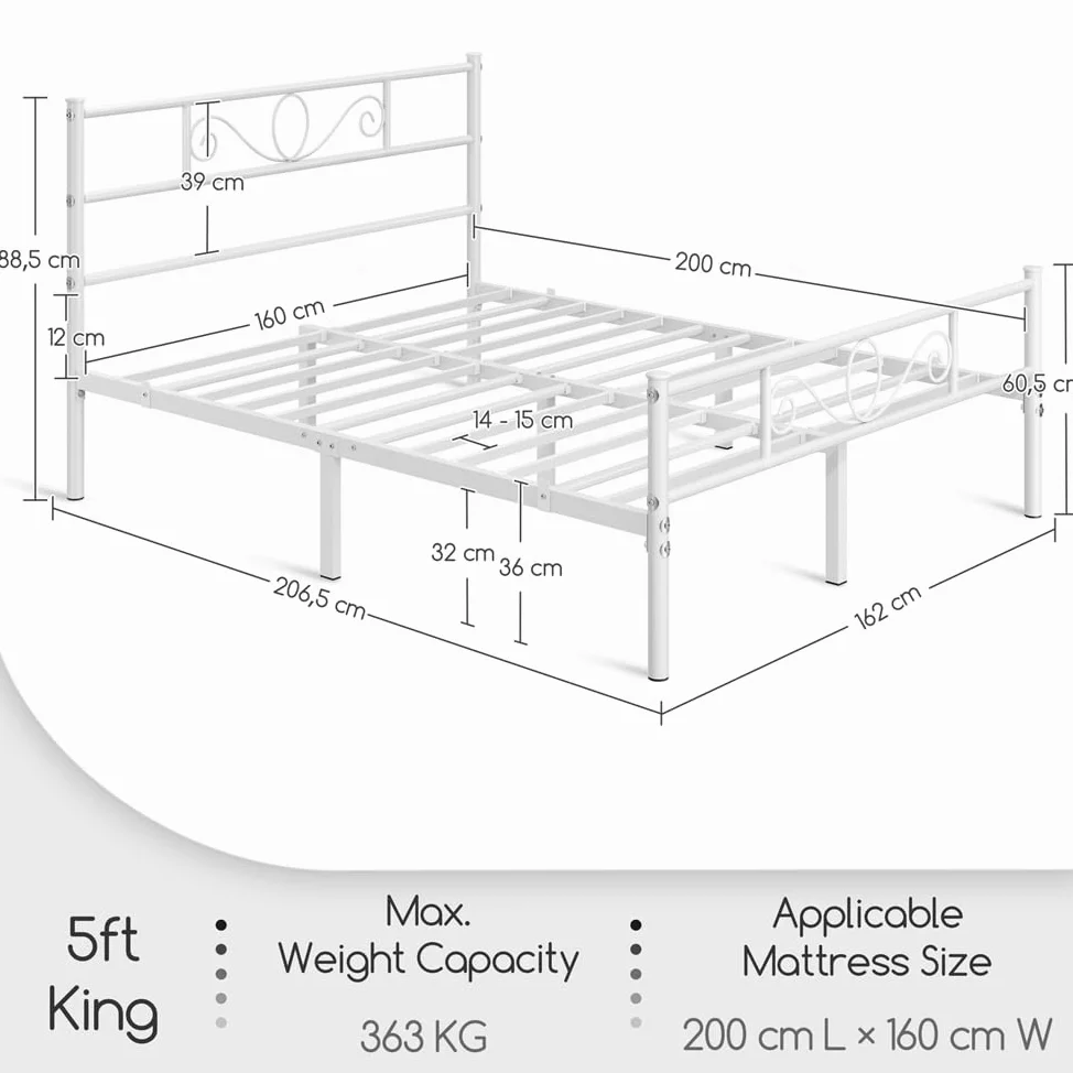 Yaheetech Struttura Letto Matrimoniale in Ferro Battuto a Doghe 160 x 200 cm Testiera Elegante in Metallo Stile Rustico Moderno Bianco
