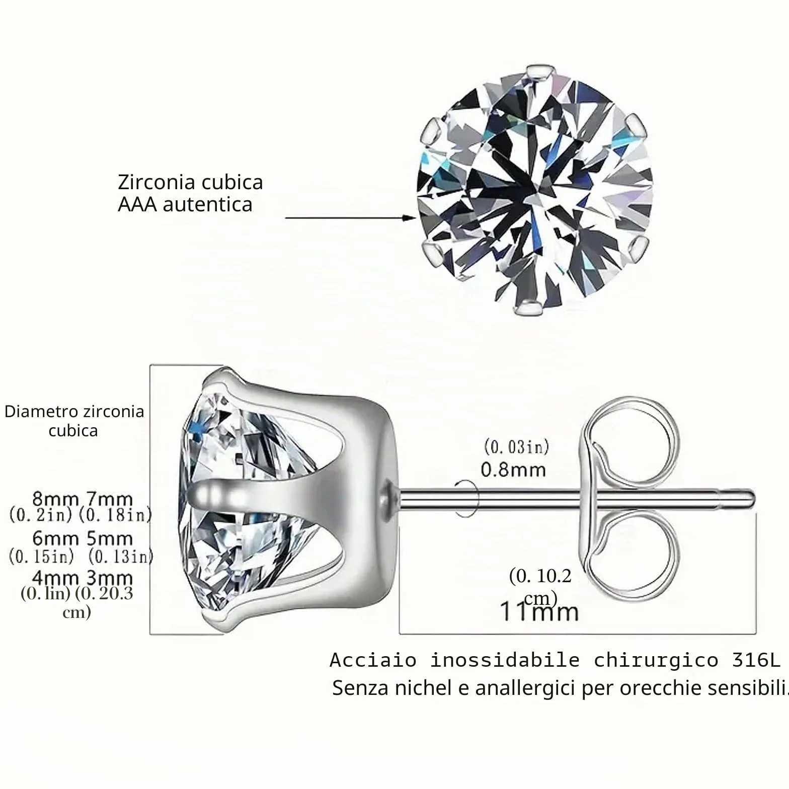 Orecchini Uomo Diamante Acciaio Inossidabile Anallergici Punti Luce 3~8 mm (6 Paia)