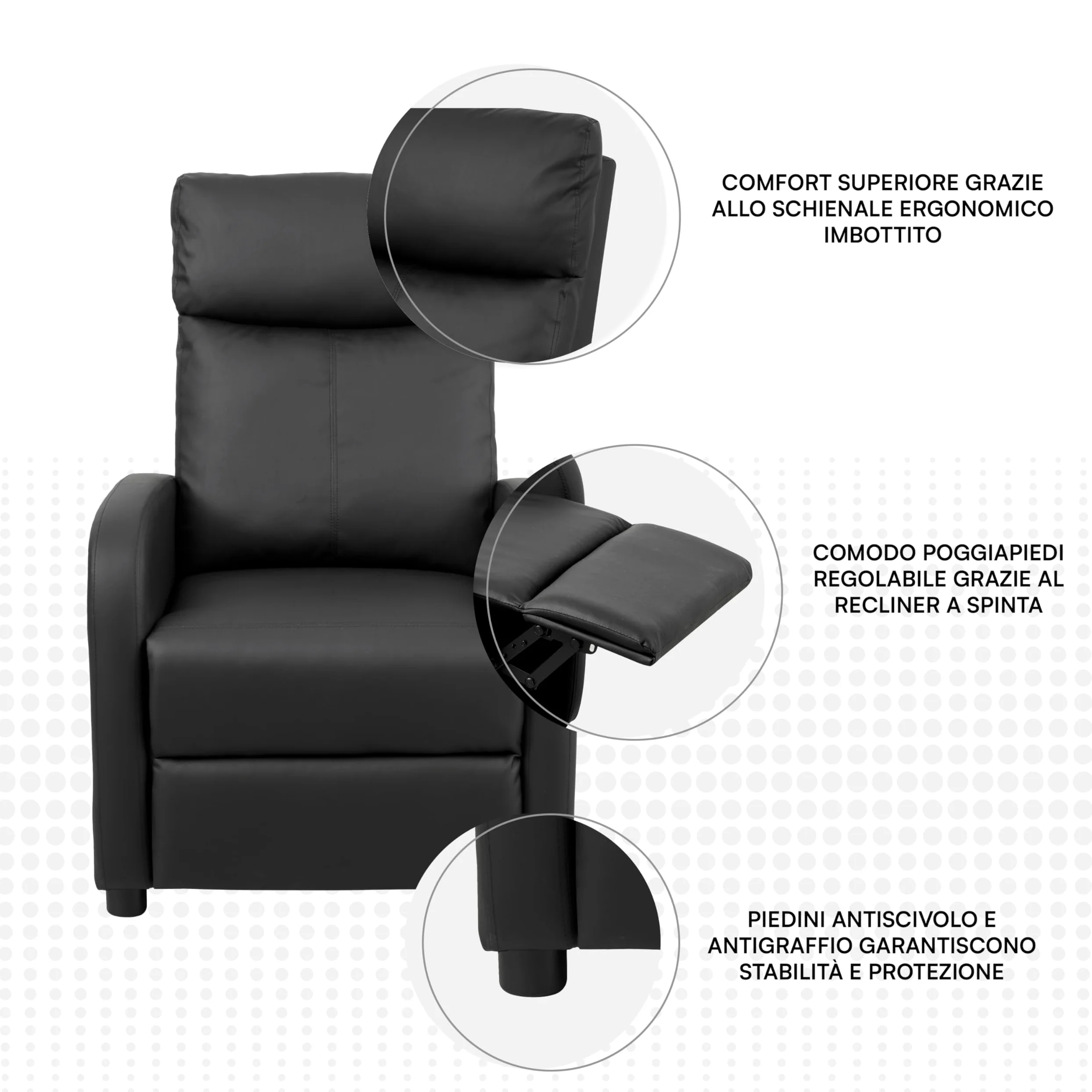 Baroni Home Poltrona Reclinabile in Soft Foam, con Recliner a Spinta, Poggiapiedi, Piedini Antiscivolo, Poltrona Relax Push-Back, Facile da Montare, Comoda, Nero, 66x75x99 cm