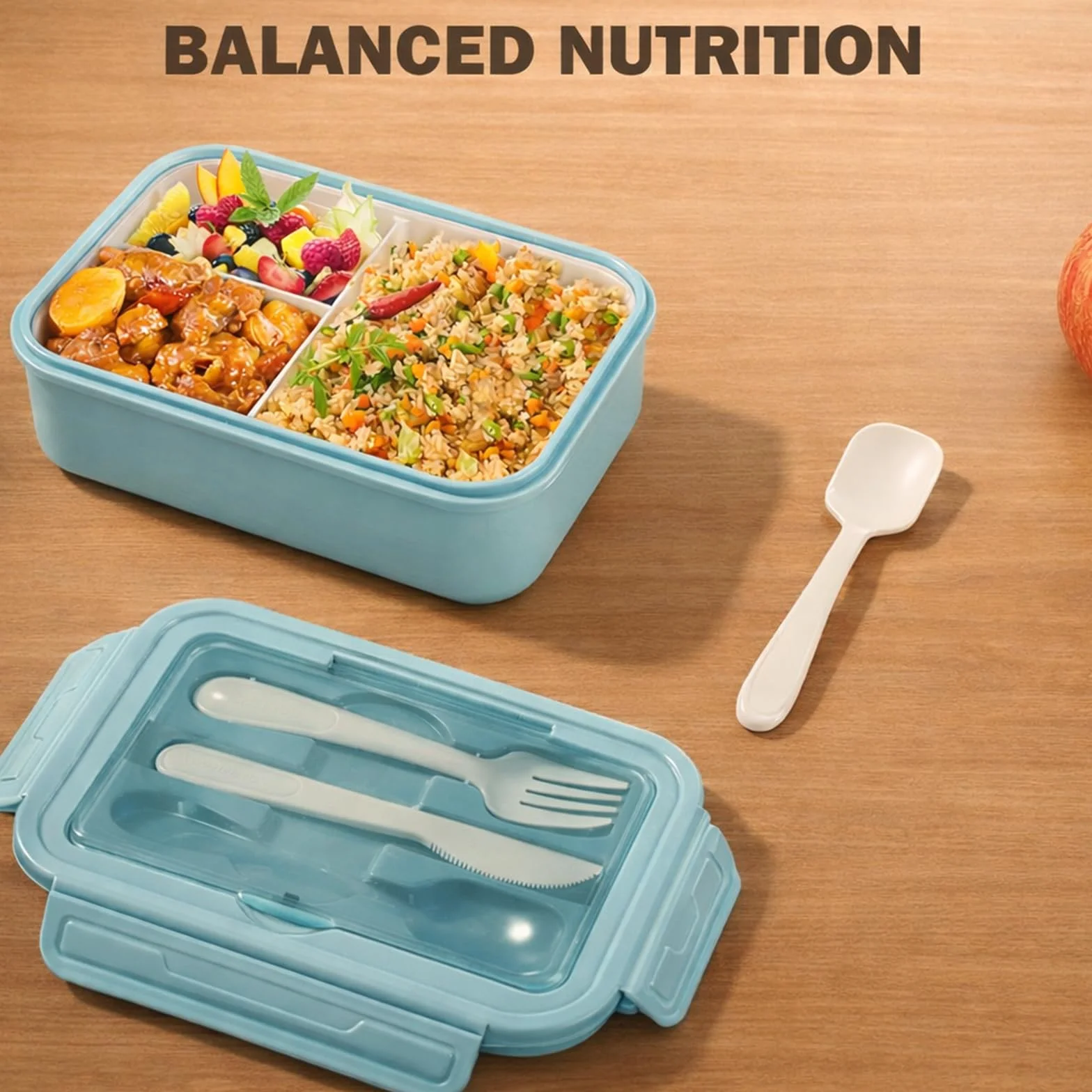 Diboniur Porta Pranzo 1400ml Lunch Box Bento con 3 Scomparti Ermetico per Microonde Ufficio Lavoro Picnic (Azzurro)