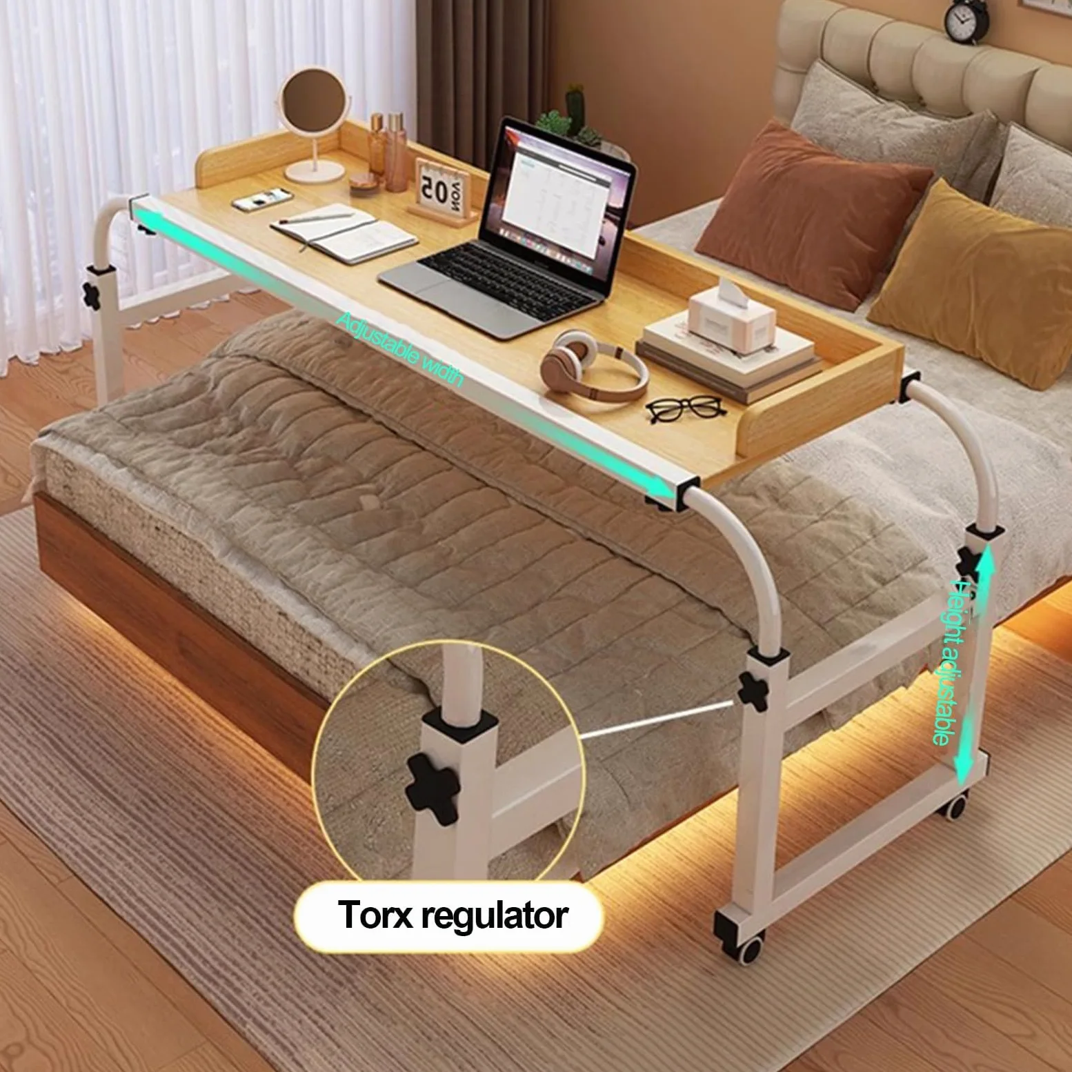 Tavolo di Mobilità sopra Il Letto，Scrivania Regolabile in Altezza sopra Il Letto 65-95 Cm Scrivania per Laptop con Rotelle Tavolo per Letto, Divano O Ufficio(Color:Bianco)