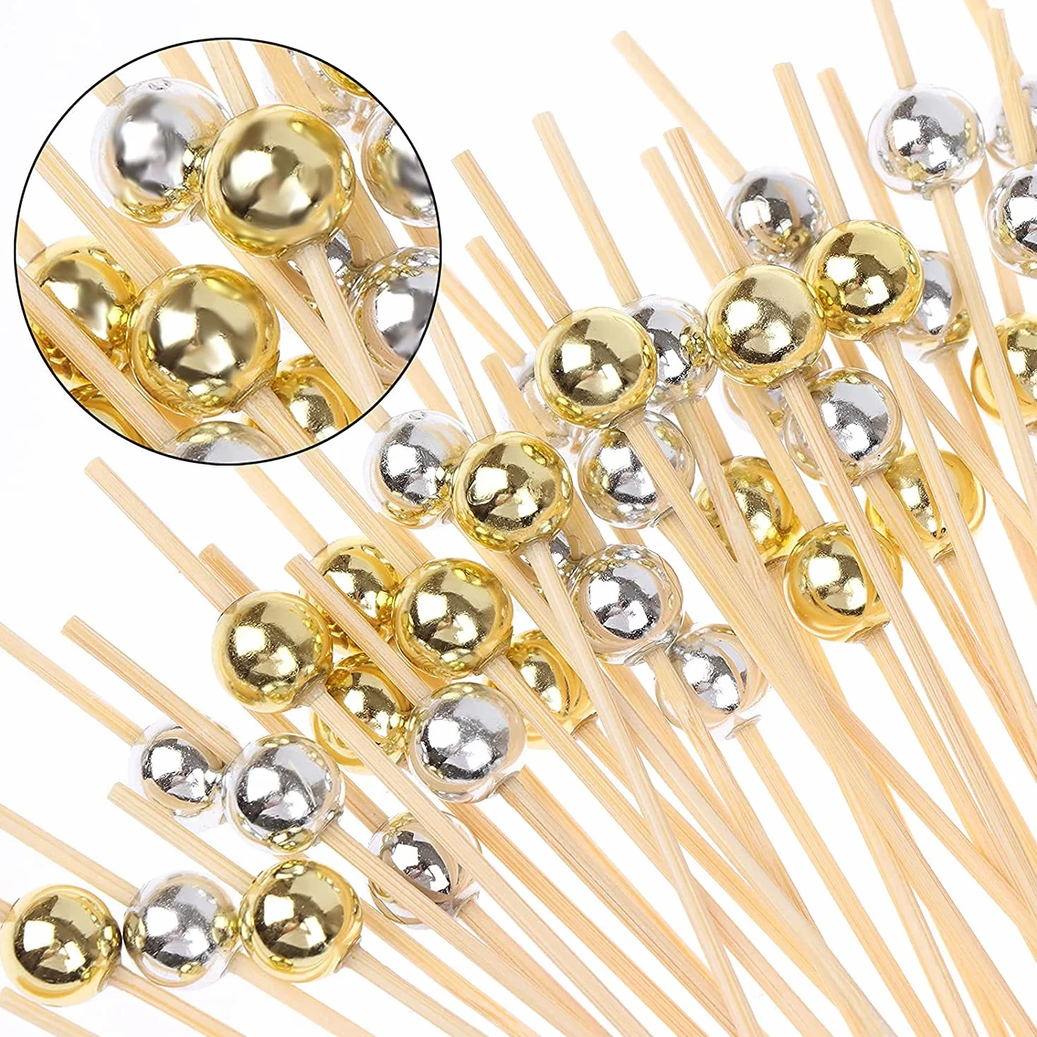 Bastoncino da Cocktail 200 Pack Stuzzicadenti Decorazione Frutta Cupcake Toppers Perle d'oro Argento