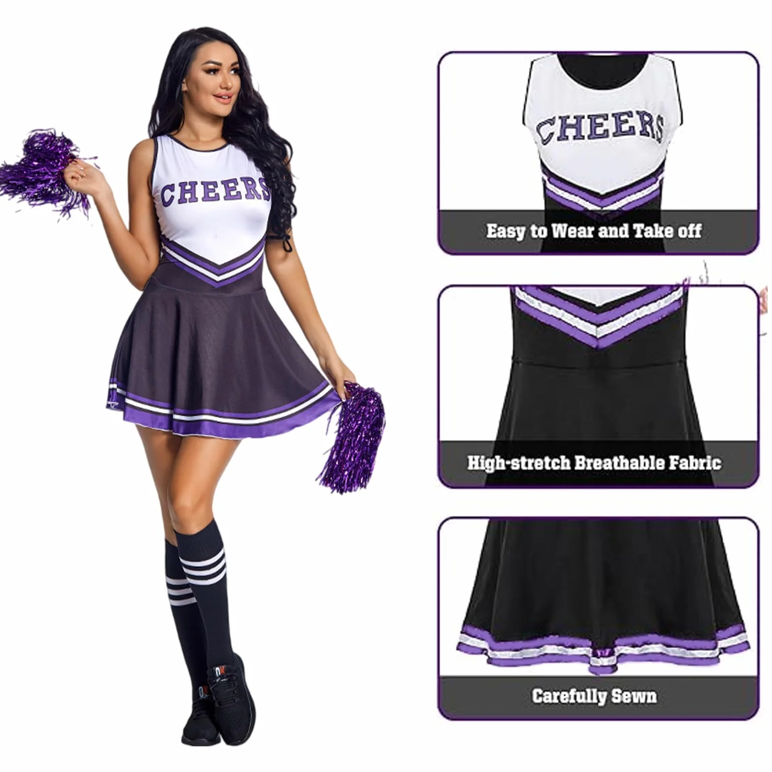 Cheerleader Fancy Dress Outfit with Pom Poms for Women Girls Adult Costume
