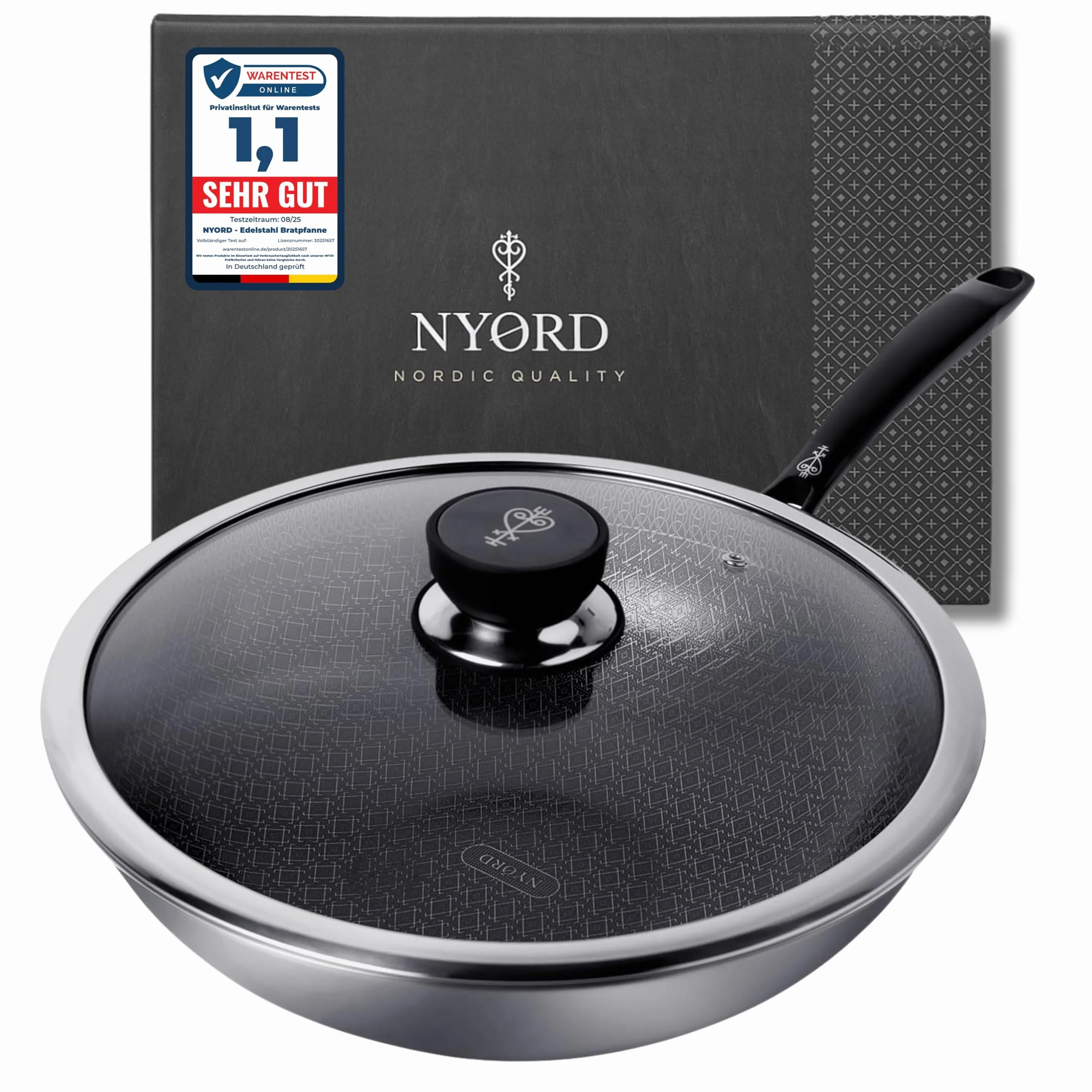NYORD - Padella antiaderente da 30 cm, 5,5 l, rivestimento in ceramica ibrida, in acciaio inox, senza wok PFOA, antigraffio, lavabile in lavastoviglie, padella a nido d'ape, wok a induzione, gas in