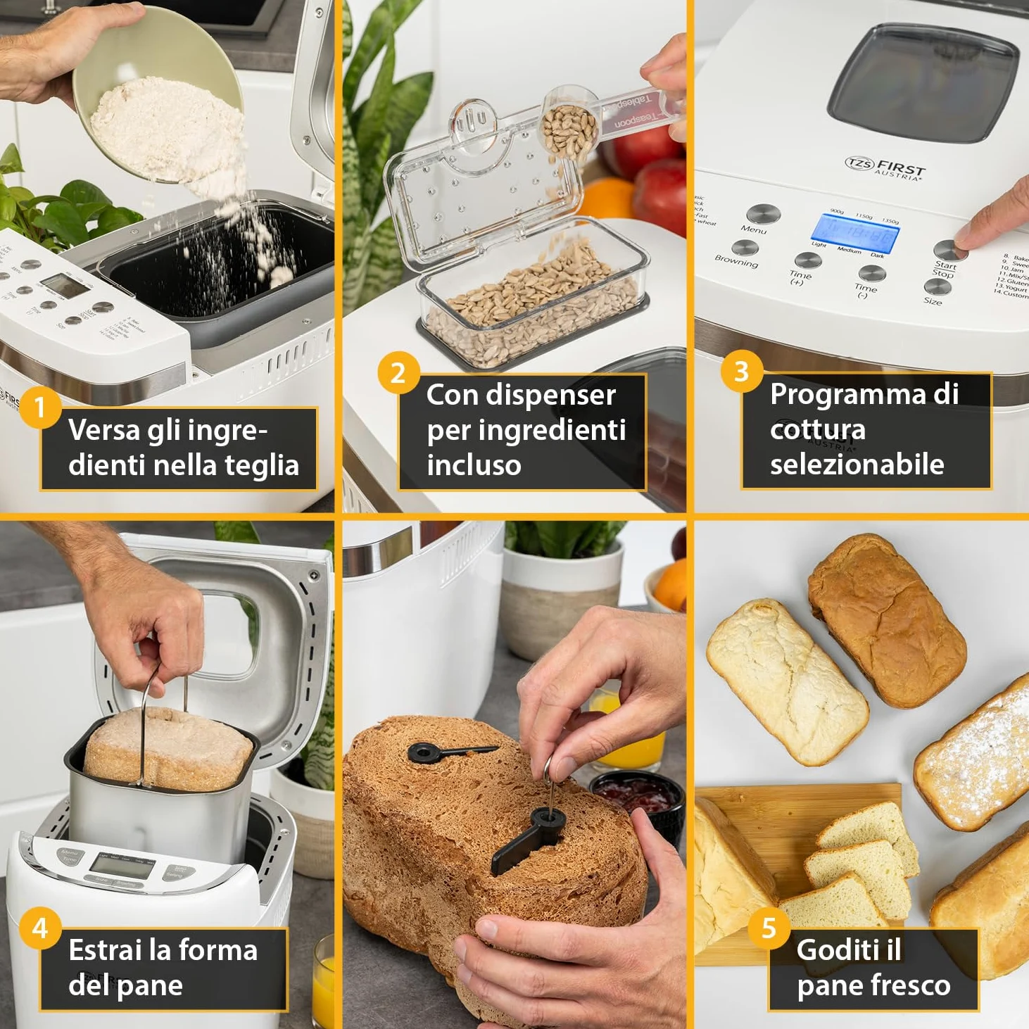 TZS First Austria - Macchina del Pane 850W - Per pane da 900g & 1350g - 14 Programmi automatici - Doratura regolabile, Timer & Funzione mantenimento calore