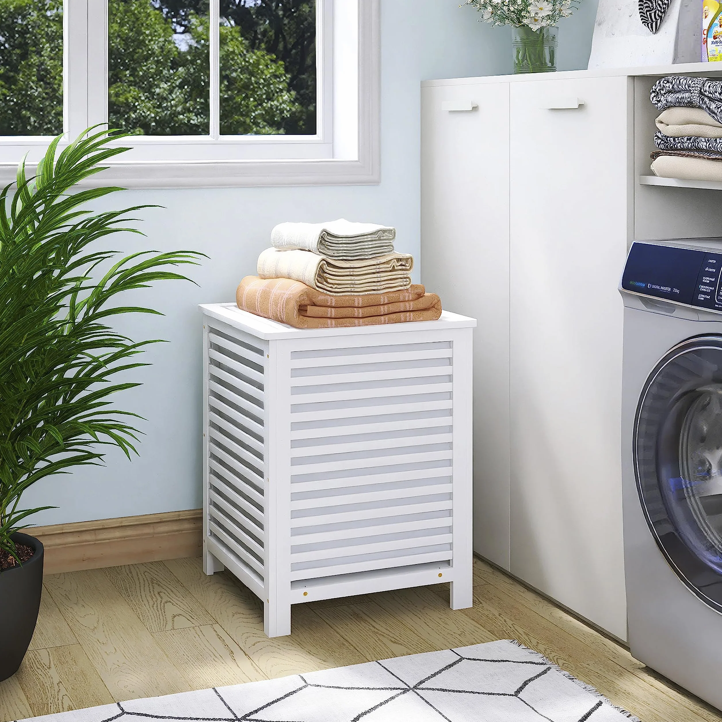 SMIBUY doppio cesto per biancheria con coperchio, cesto per biancheria in bambù da 120 litri con sacchetto di fodera rimovibile per lavanderia, bagno, camera da letto (bianco)