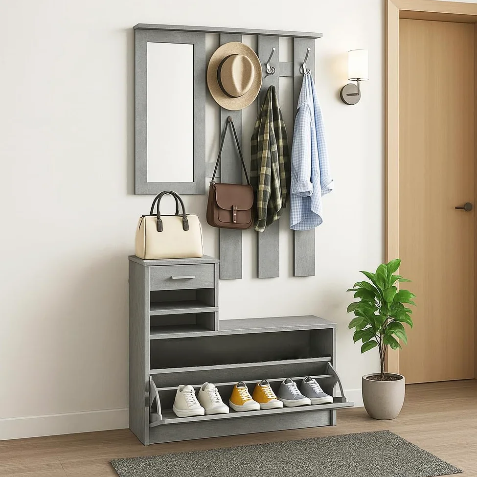 BAKAJI Set Mobili Ingresso Design Moderno con Scarpiera Panca Cassetto Specchio Rettangolare e Appendiabiti Attaccapanni 6 Ganci da Parete Casa Design Moderno in Legno (Grigio)