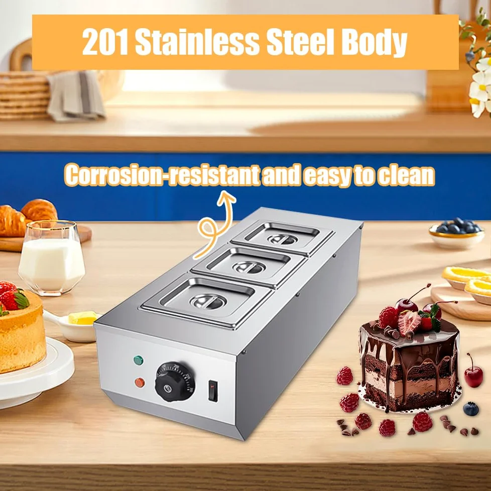YUEWO Bagnomaria Per Cioccolato Caldaia Elettrica Per Sciogliere Il Cioccolato Macchina Per Cioccolata Acciaio Inox 3 Serbatoi 4.5L 220V 1200W