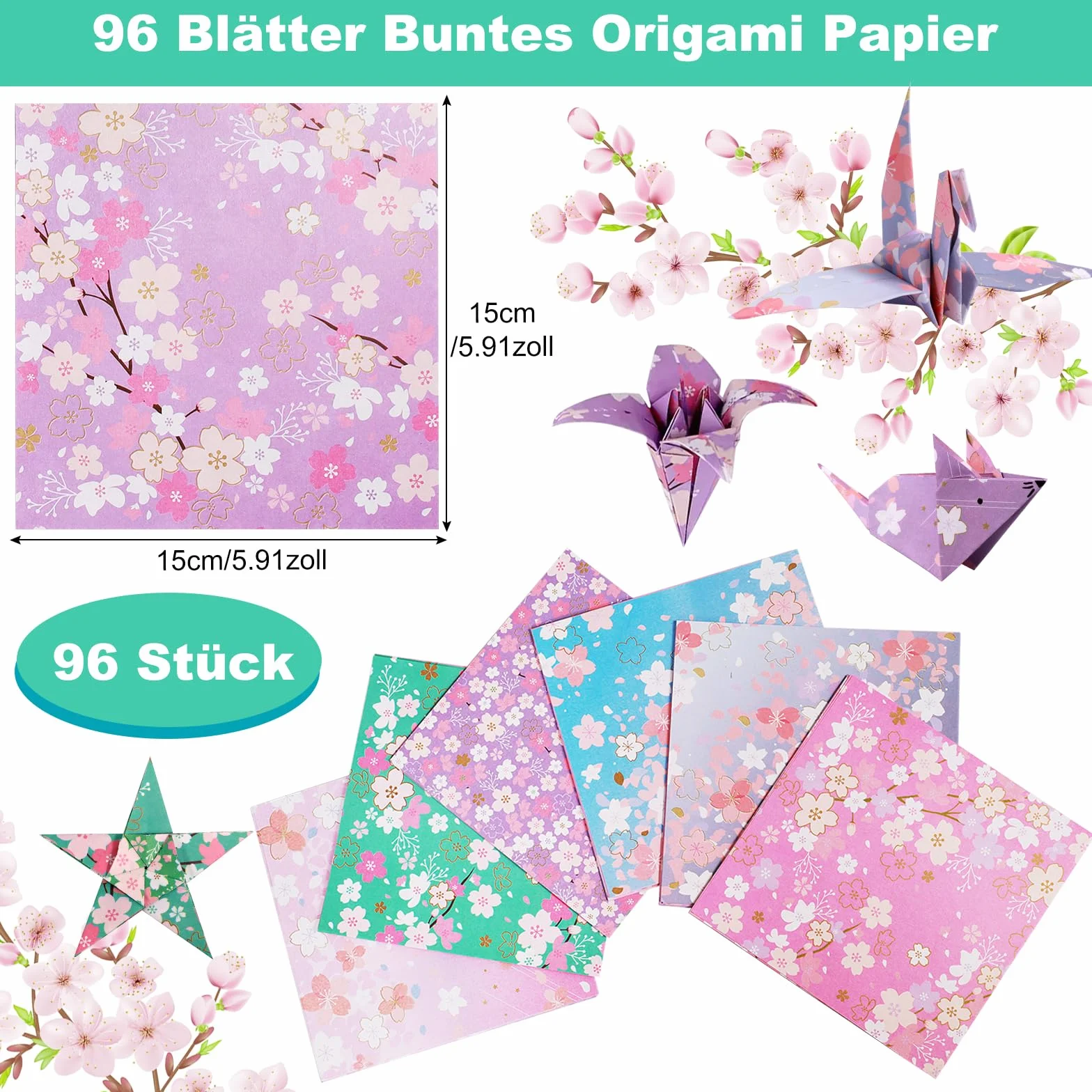 Carta Origami Bifacciale 15x15cm 96 Fogli Fiori di Ciliegio 12 Stili