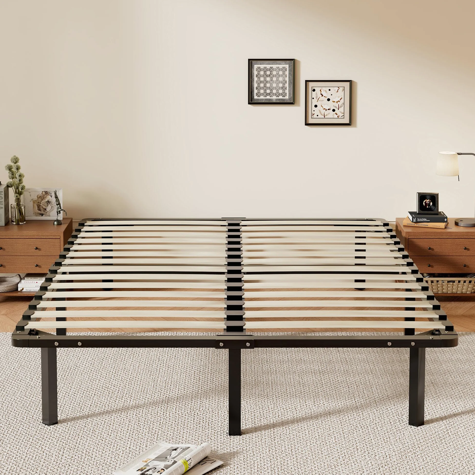 TEENO Rete Letto Matrimoniale 160x190 a Doghe in Legno,con 9 Gambe e 2x14 File di Doghe,Alto Sotto Letto 32 cm per Ampio Spazio di Archiviazione,Adatta a Tutti i Tipi di Materassi,Stile Moderno