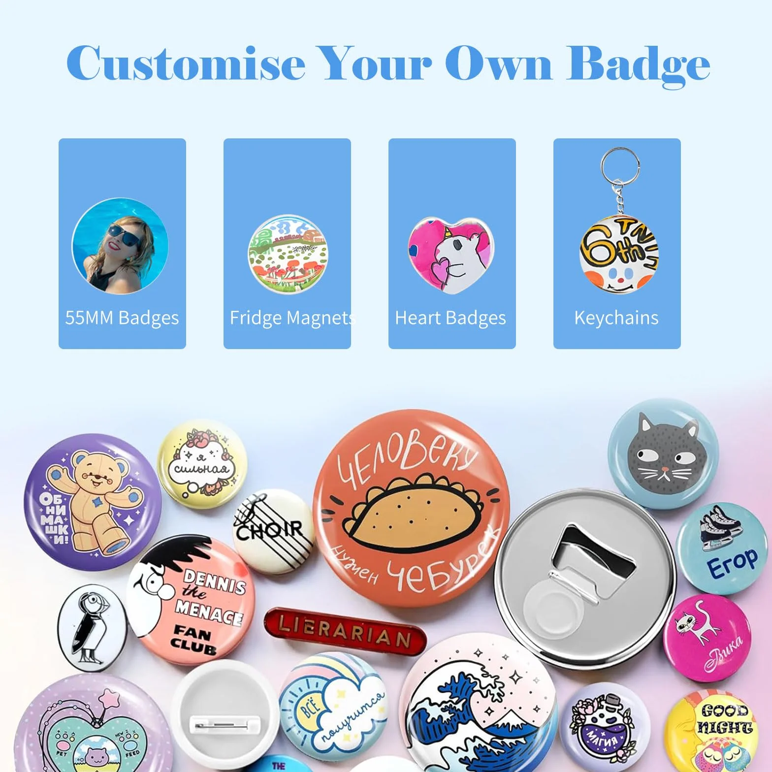 Macchina per Spille, 3IN1 Button Maker Badge Machine Blu Macchina da Stampa per Badge, Stampanti Badge 55/40MM Spille Personalizzate kit Portachiavi Fai Da Te per Regali di Compleanno e Natale