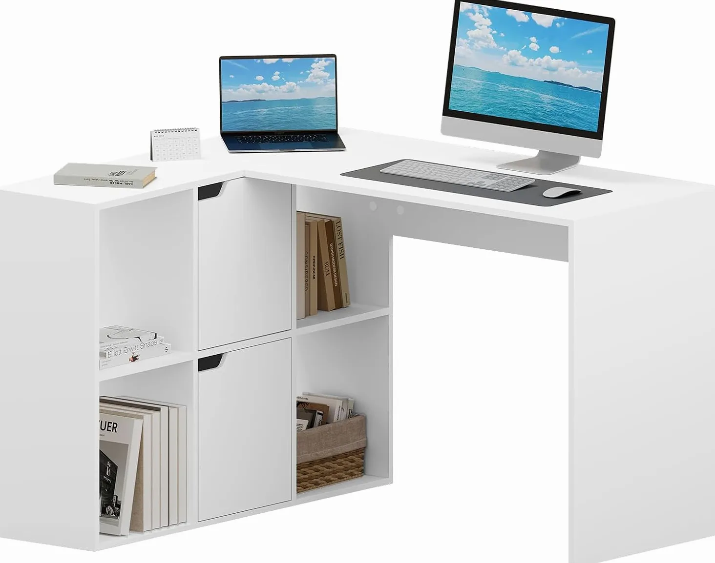 eSituro Scrivania Angolare a L con Libreria, 120 x 100 cm, Bianca | 4 Scomparti Libreria, 2 Armadi, Doppio Piano, per Computer e Studio