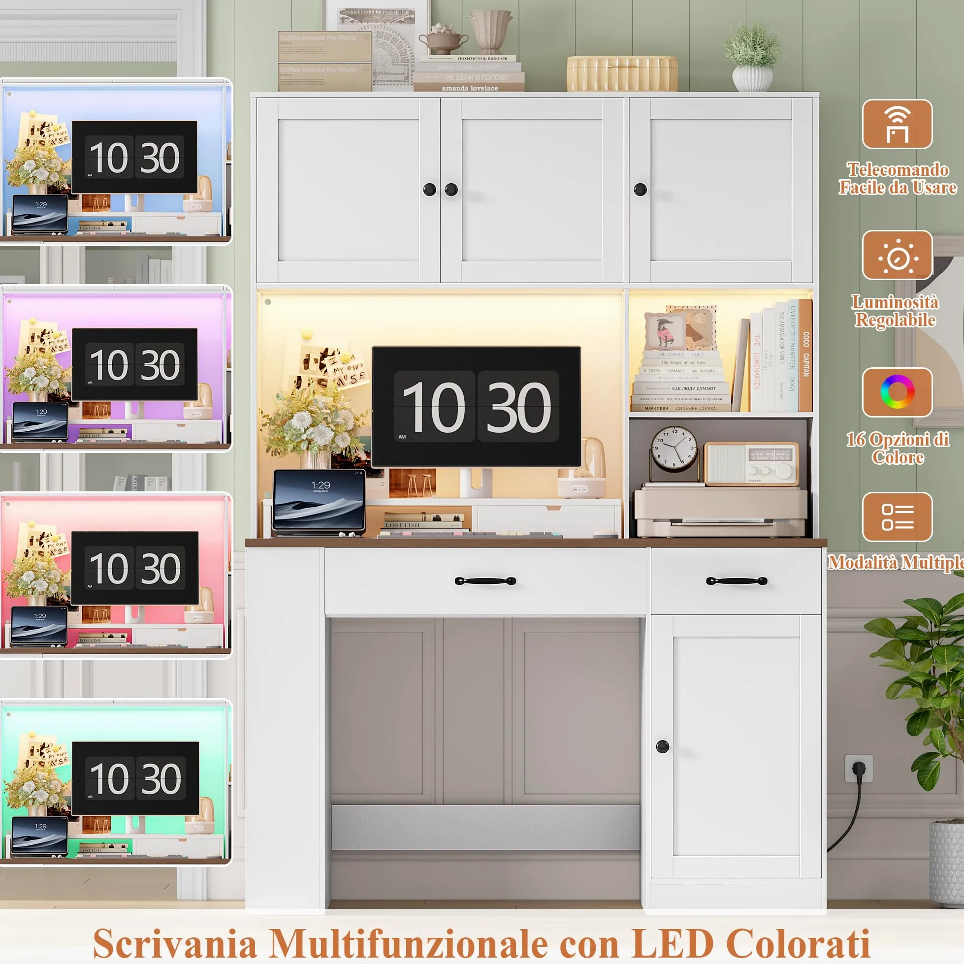 FirFurd 180cm Scrivania con Cassetti, Scrivania Gaming con Luci a LED e Prese, Scrivanie con 3 Ante, con Libreria a 2 Ripiani, Ripiani Regolabile, per Studio, Ufficio, Cameretta, 120x50x180cm, Bianco