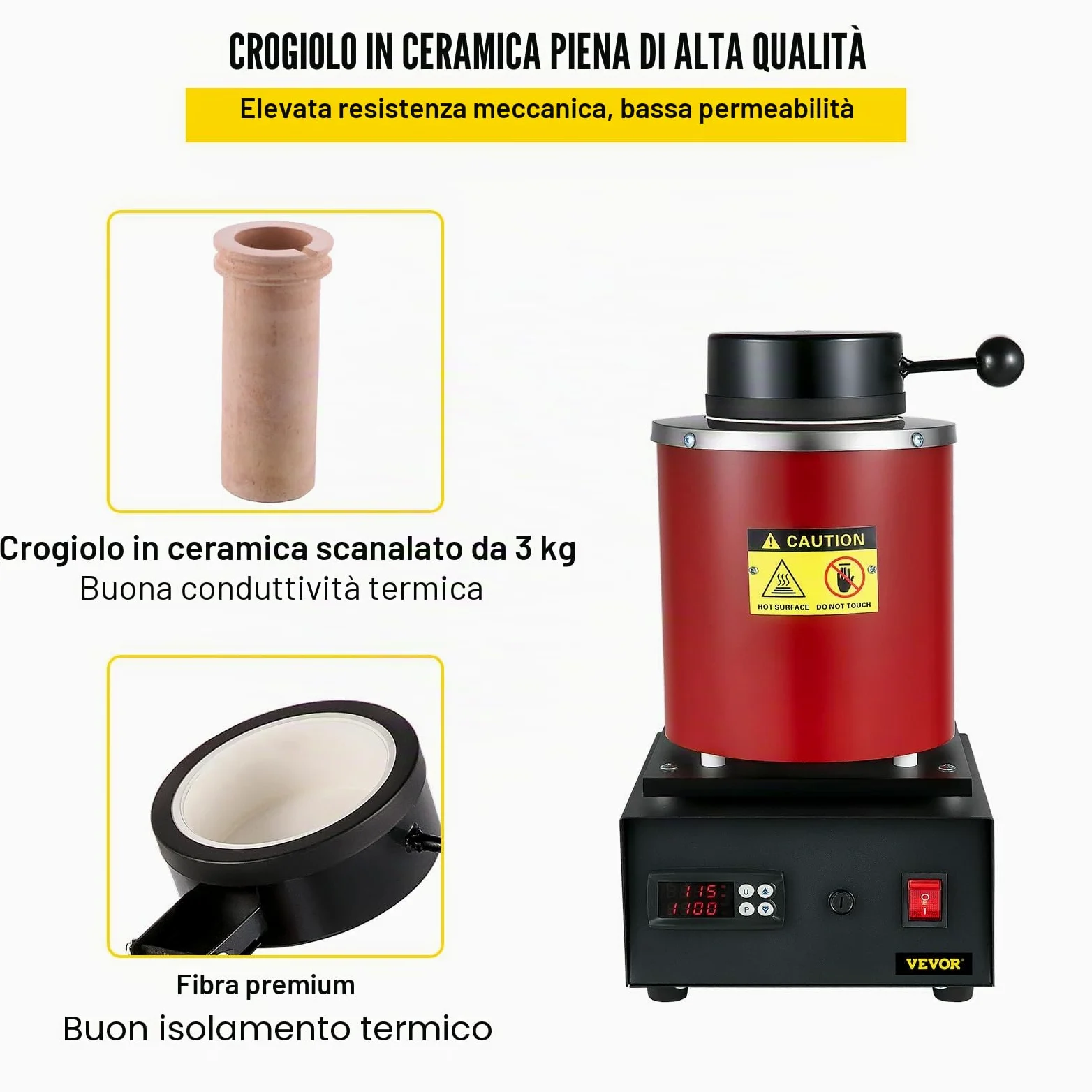 VEVOR Forno di Fusione per Oro 1350 W, Temperatura Max. 1150 ℃, Forno Fusorio Elettrico con Crogiolo in Ceramica da 3 kg, Matrice per Lingotti e Guanti, per Lavorazione di Oro, Argento