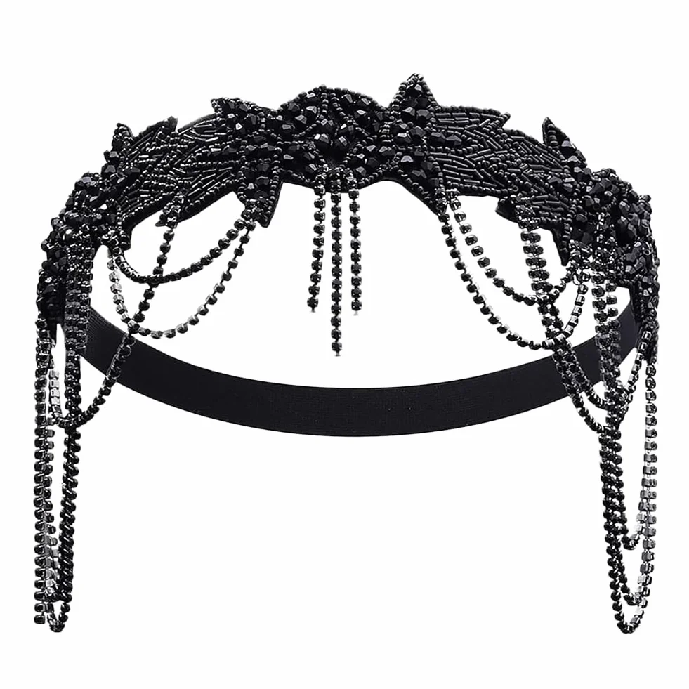 Fascia anni 1920 accessorio capelli donna catena frontale strass retrò nero