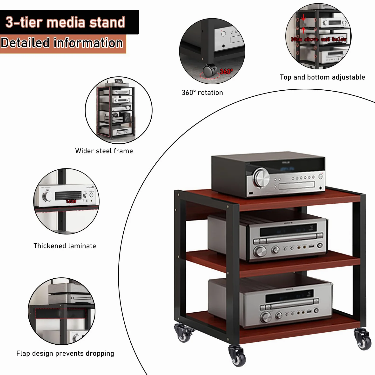 Scaffale a 3/4/5Rack e supporti HiFi Audio Rack, scaffale audio in legno e metallo, portata 200 kg, porta-multimedia con ripiani regolabili, per soggiorno, sala giochi, centro di intrattenimento (3YM)