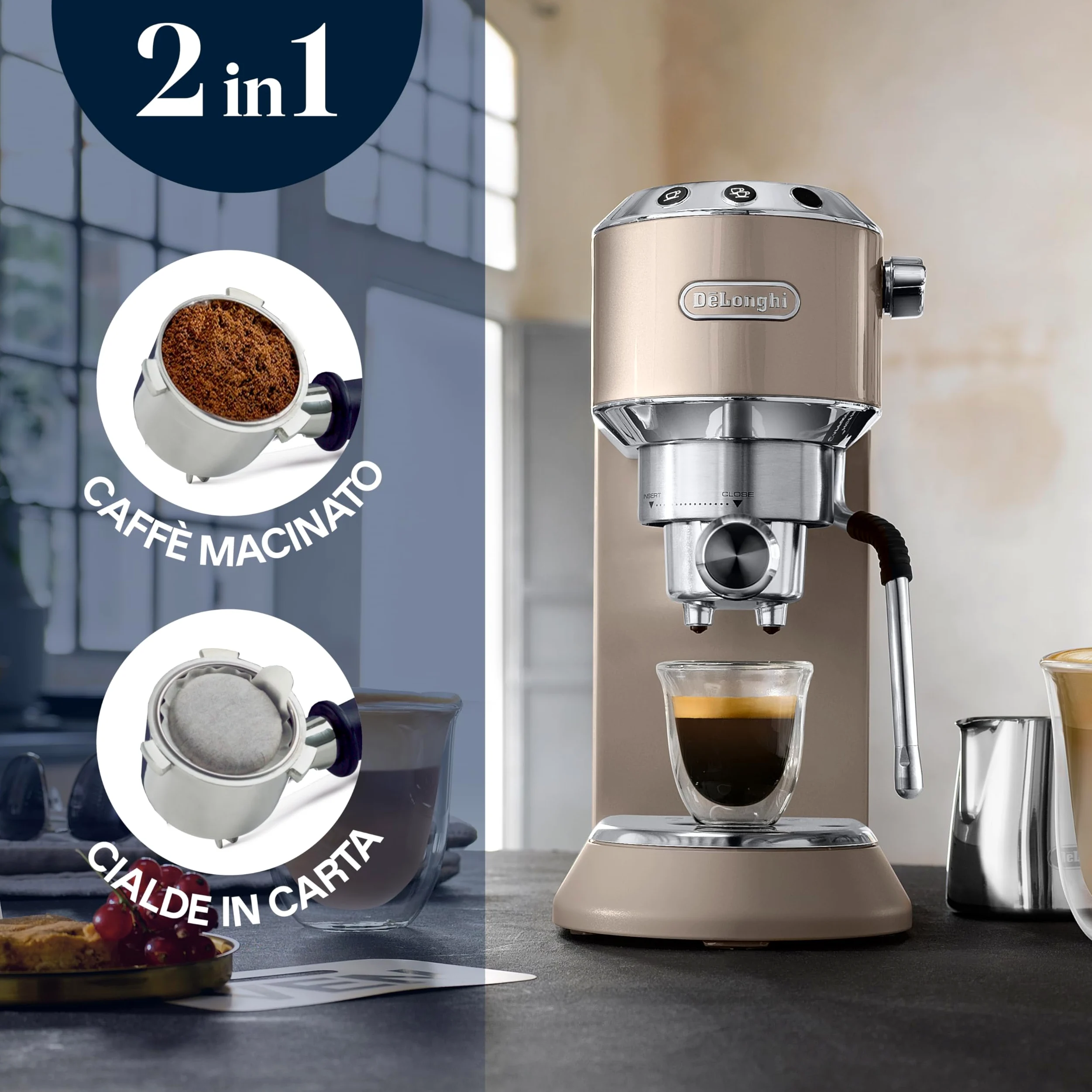 De'Longhi Dedica Arte EC885.​BG, Macchina manuale da Caffè Espresso e Cappuccino, Lancia vapore professionale, Caffè in Polvere o in Cialde E.S.E., Riscaldamento 40sec, Filtro Singolo e Doppio, Beige