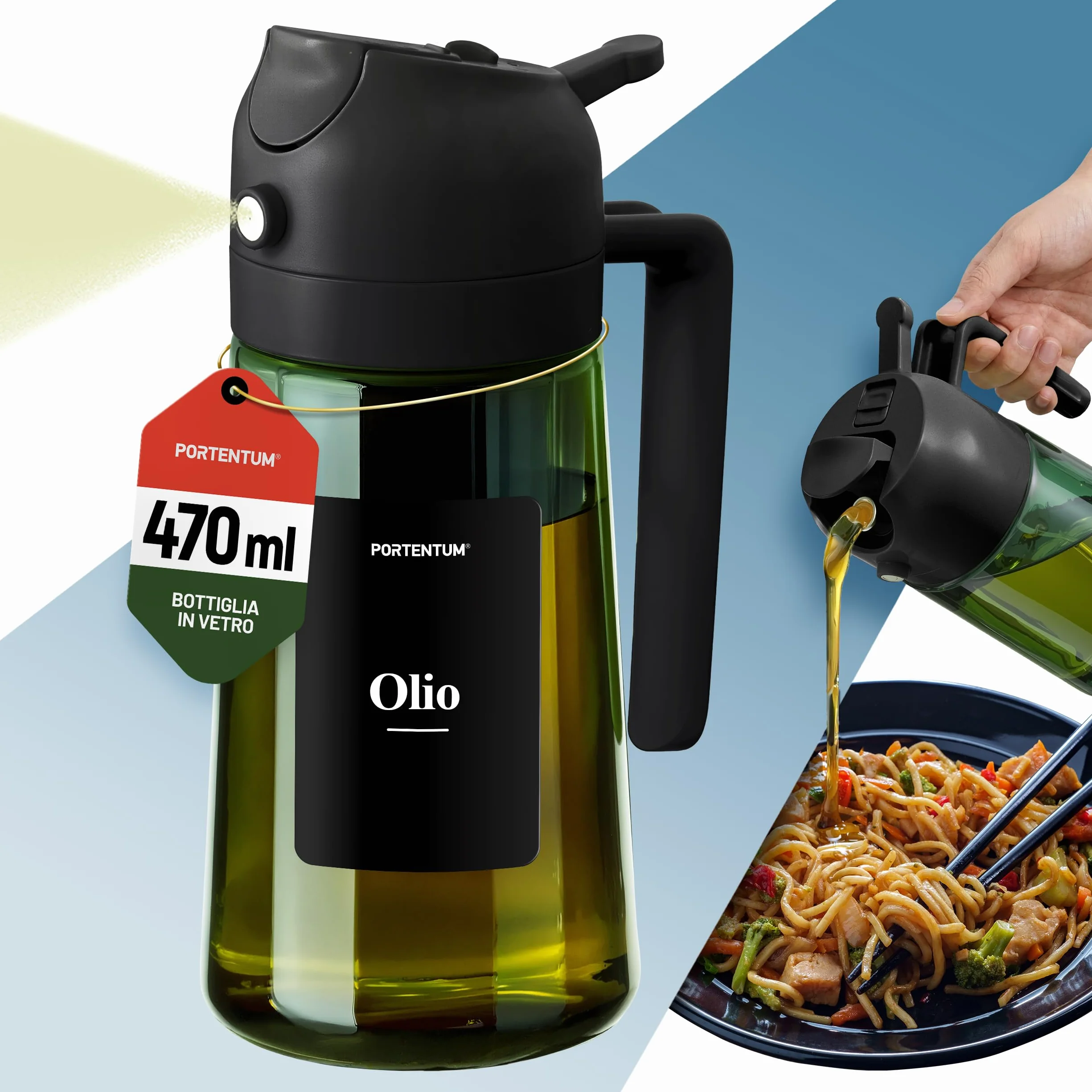PORTENTUM Spruzzino olio per friggitrice aria 470 ml 2 in 1 spray e versamento – Oliera spray vetro verde protezione dalla luce – Nebulizzatore insalate e grigliate
