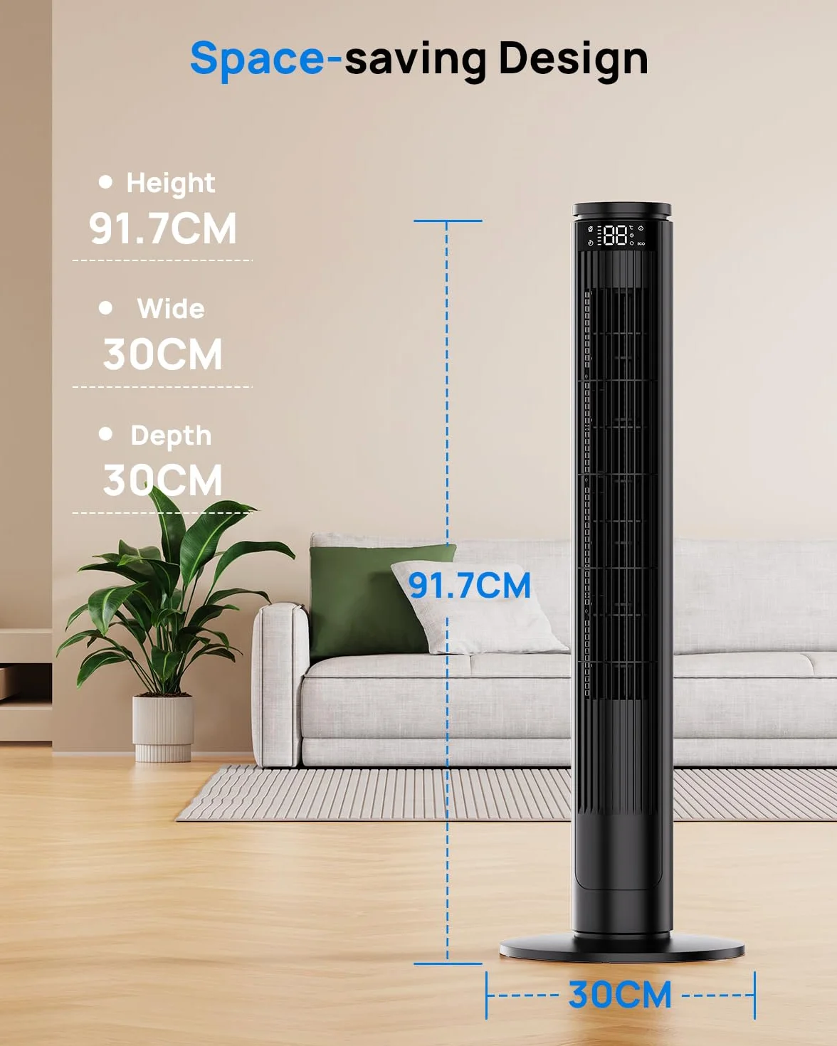 Ventilatore a Torre 92cm con Schermo LED Regolabile (Spegnimento Totale) e Telecomando con Tasto Muto, Ventilatori a Colonna Silenziosi 28dB, 6 Velocità+5 Modalità, Oscillazione 70°, 8m/s, Timer 12h