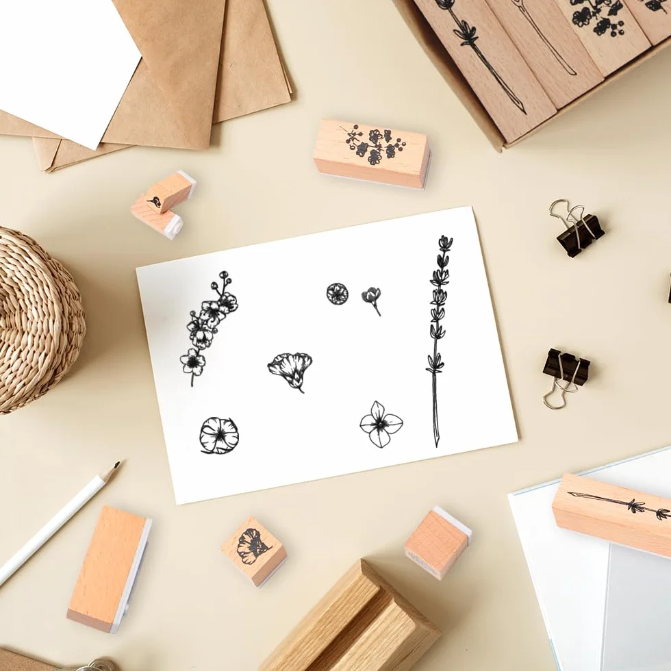 22 Pezzi Timbri in Legno per Scrapbooking - Fiori e Foglie in Gomma - per Disegni, Lettere, Cartoline, Album