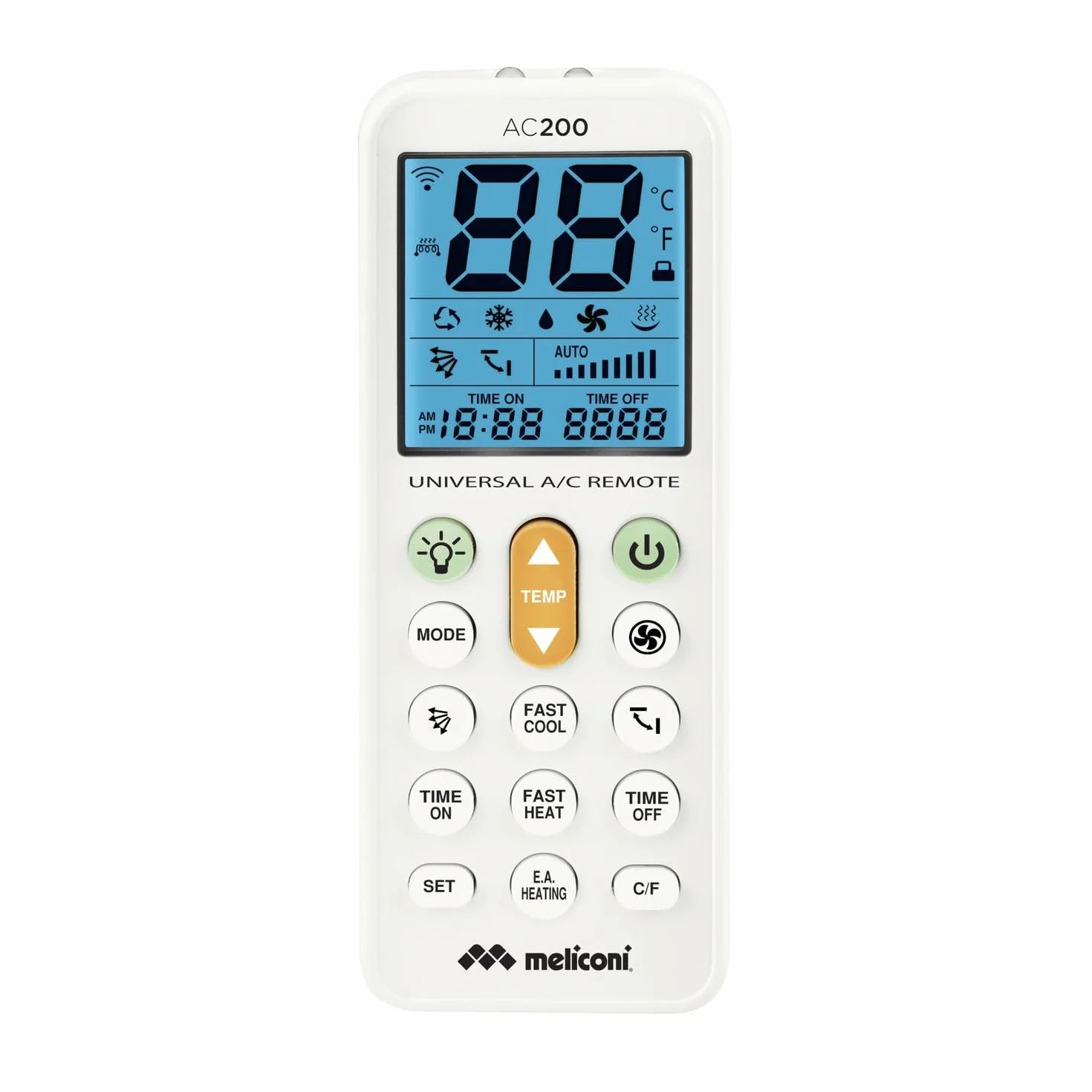 Meliconi AC 200 Telecomando Universale per Condizionatori/Climatizzatori Compatibile con la Maggior Parte dei Marchi, con Schermo Retroilluminato e Funzione Torcia, bianco, 802102