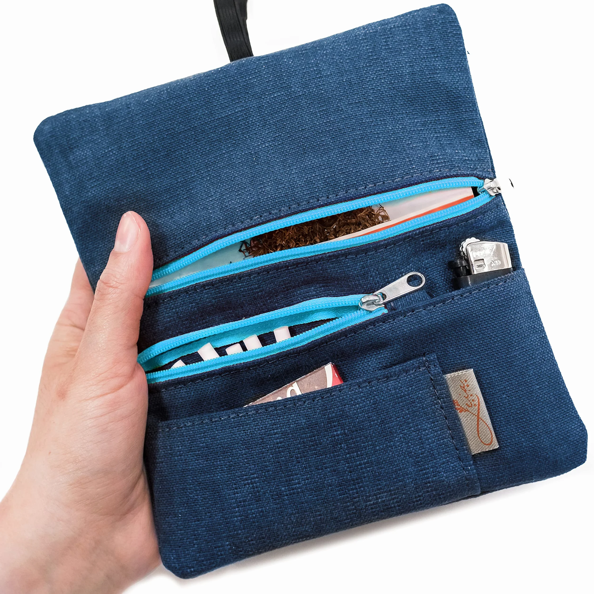 Porta Tabacco in Tessuto con Scomparti per Cartine, Filtri e Accendino - Cucito a Mano - Blu Celeste