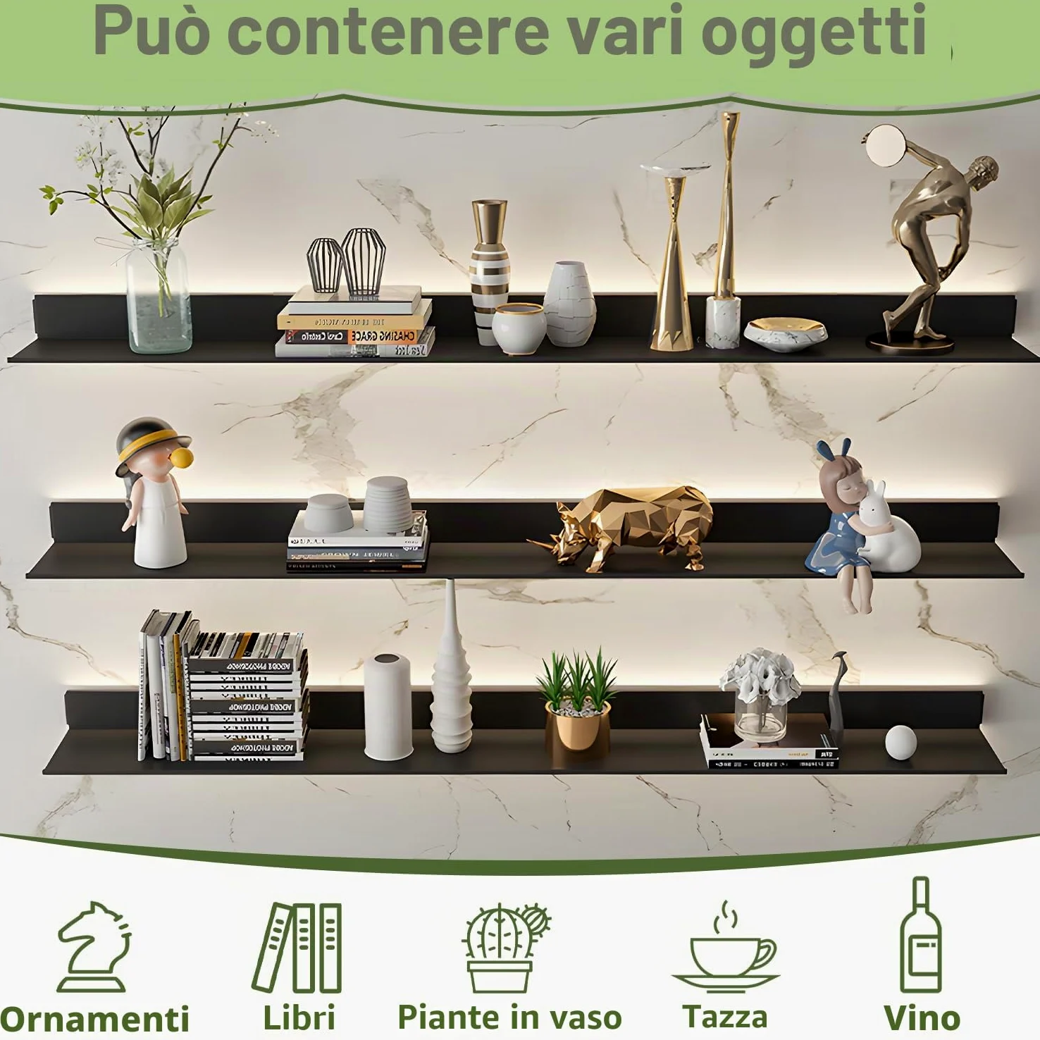 Regali a parete sospesi in metallo simdennr con luci LED, scaffale espositivo a sospensione per soggiorno, cucina, bagno, scaffale espositivo con luci LED integrate, nero, 60 cm
