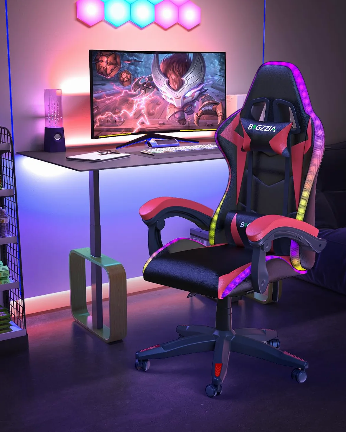 bigzzia Sedia Gaming RGB con Luci LED E Sedia Ergonomica Per Computer Per Videogiochi Reclinabile con Schienale Alto in Pelle Pu con Poggiatesta (Utilizzo di RGB, Rosso)