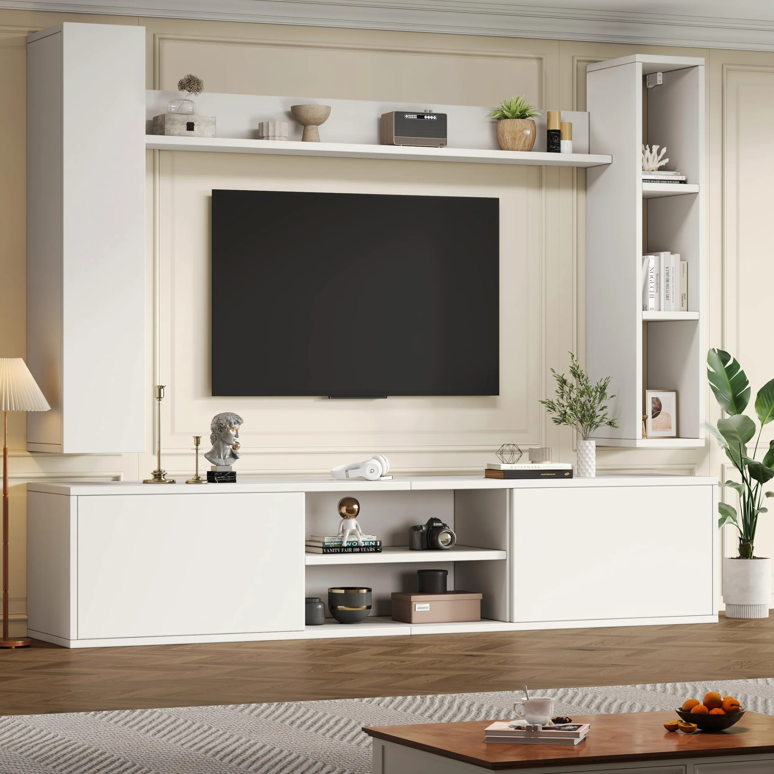 TIZZ Set da parete per TV, 180 x 35 x 33,5 cm, con vetrine (set completo, 4 pezzi), supporto per TV, mensola e 2 mensole da parete, set di mobili da soggiorno, TV in piedi e sospeso, TV fino a 80
