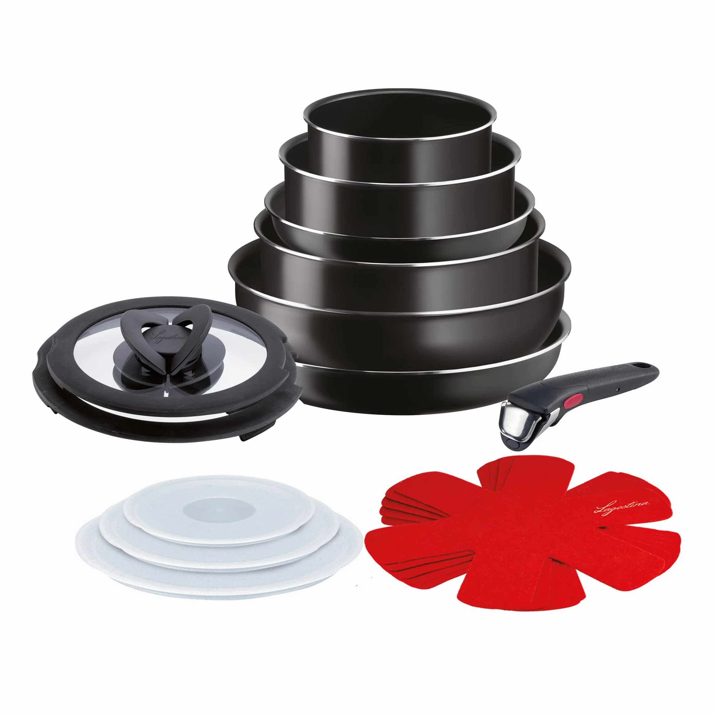 Lagostina Ingenio Essential Plus Batteria di Pentole, Alluminio per Gas e Forno, 17 Pezzi & Ingenio Smart Spatola con Inserto antiscivolo, Plastica e silicone, Nero e Rosso