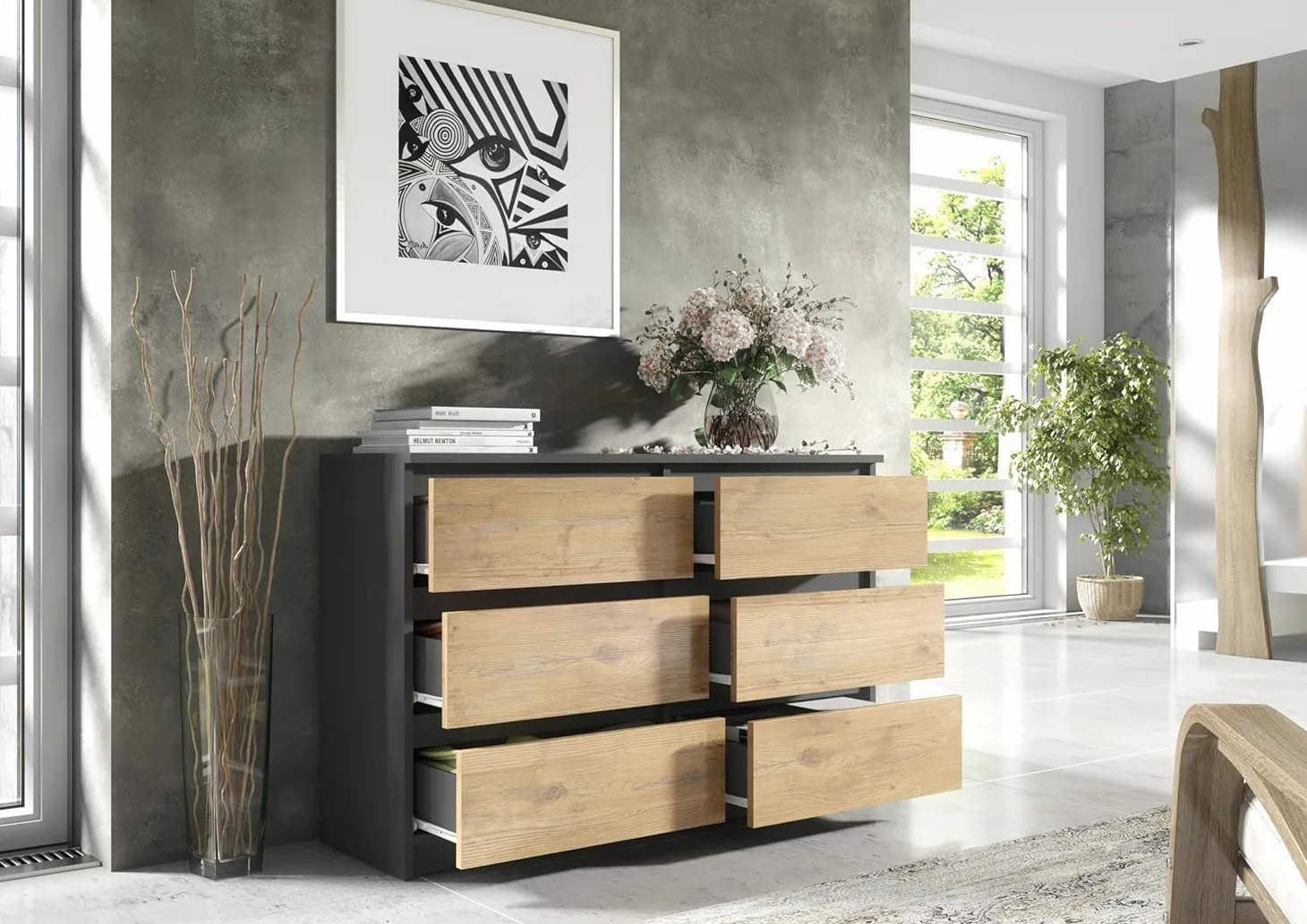 meble masztalerz Cassettiera Camera da Letto con 6 Cassetti - Credenza Soggiorno - Moderna Comò - Cassettiera Alta - Mobiletto con Cassetti - Antracite & Lancelot 138,5 x 39 x 78,5 cm