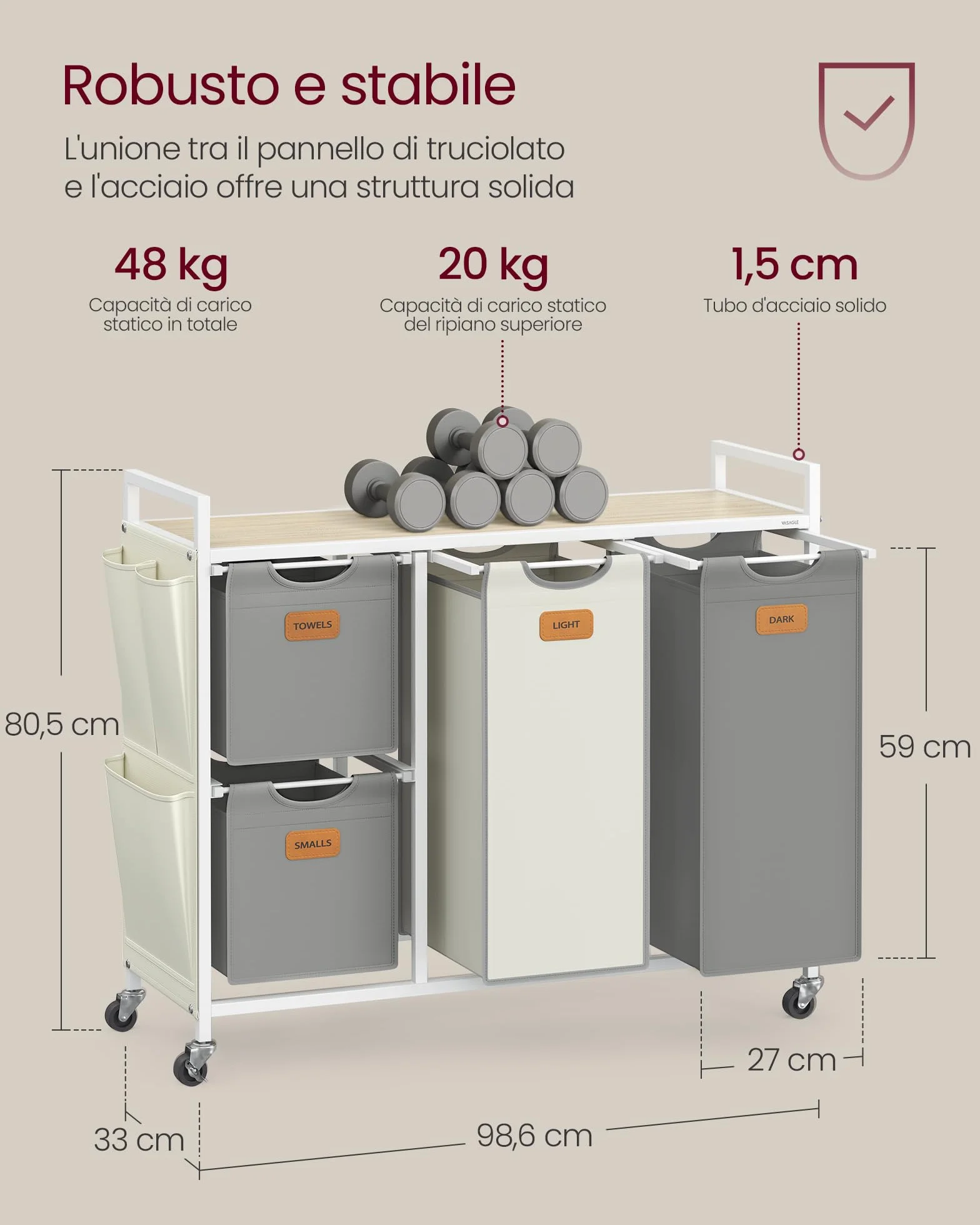 VASAGLE Carrello Portabiancheria 4 Scomparti 150 L con Piano e Sacchi, Beige Naturale Grigio Tortora Bianco Crema