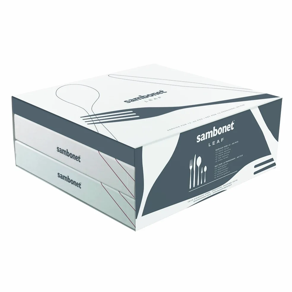 Sambonet Leaf 52163-N2 - Set di Posate da Tavola monoblocco in acciaio inox 18/10, per 12 persone, 60 pezzi: 12 forchette, 12 cucchiai, 12 coltelli, 12 cucchiaini da tè, 12 forchette dolce