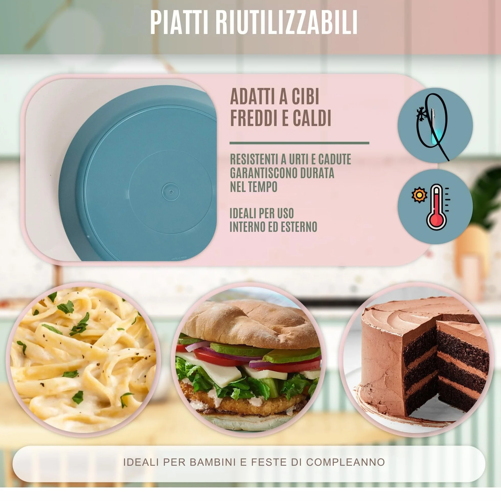 Piatti Plastica Rigida Lavabili 6 Pezzi Pastello per Campeggio Feste Microonde Lavastoviglie