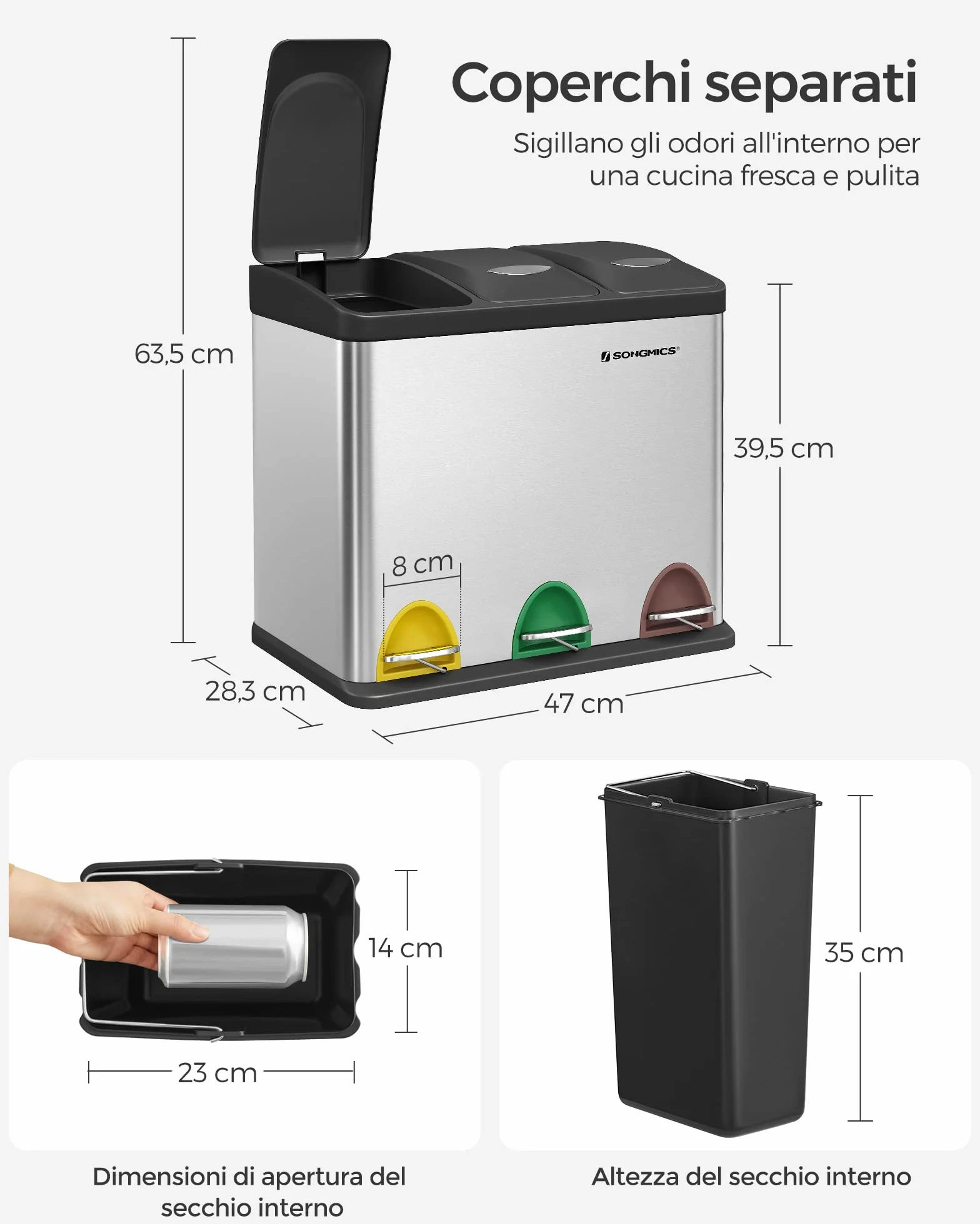 SONGMICS Cestino per Rifiuti da Cucina, 3 x 8 L Pattumiera Differenziata Piccolo Volume, Cestino Triplo in Acciaio, Pedali e Secchi Interni, Facile da Pulire, Argento e Nero LTB24L