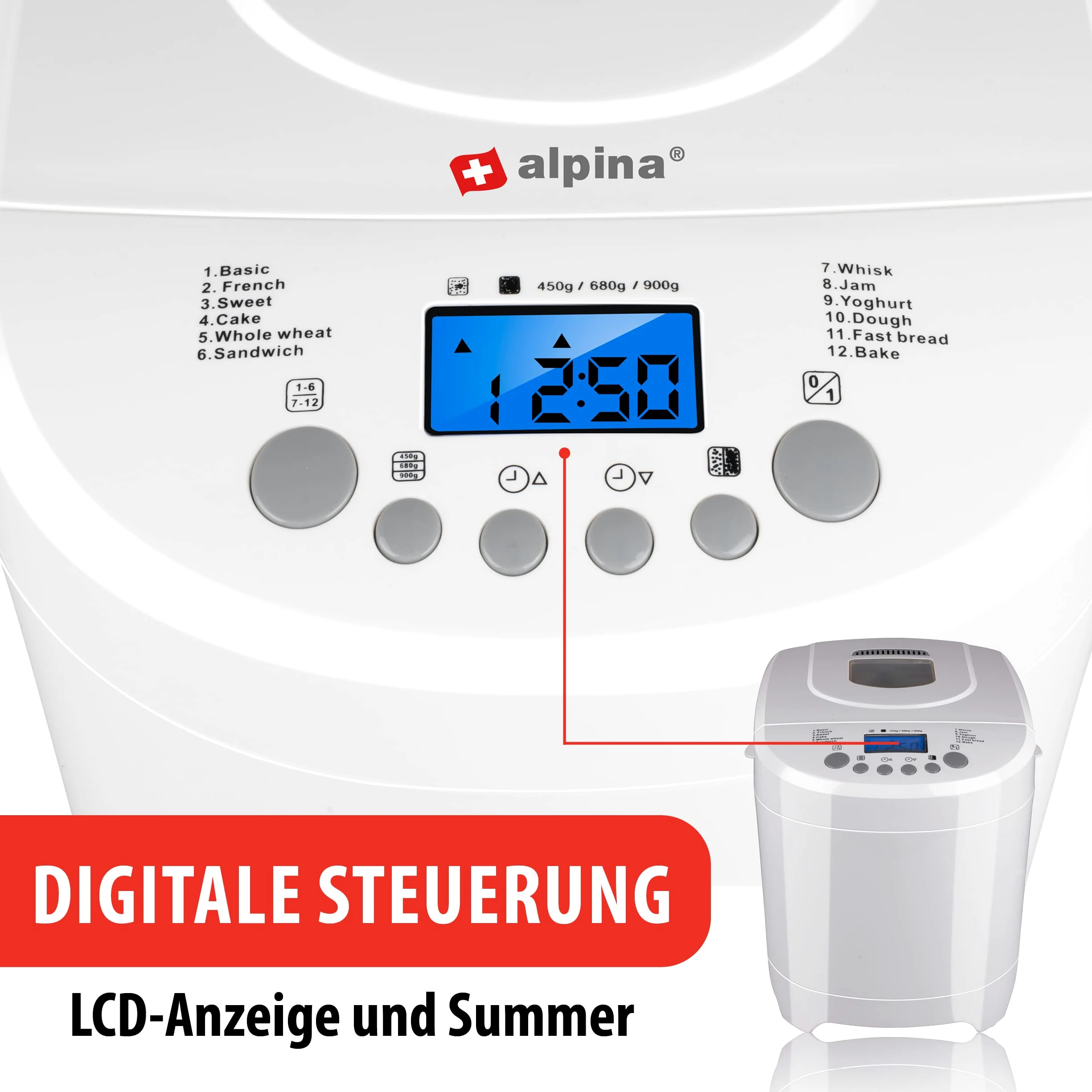 Alpina Macchina per il pane – piccoli a grandi pani: 450 – 680 – 900 grammi, timer – 12 programmi di cottura – 600 W