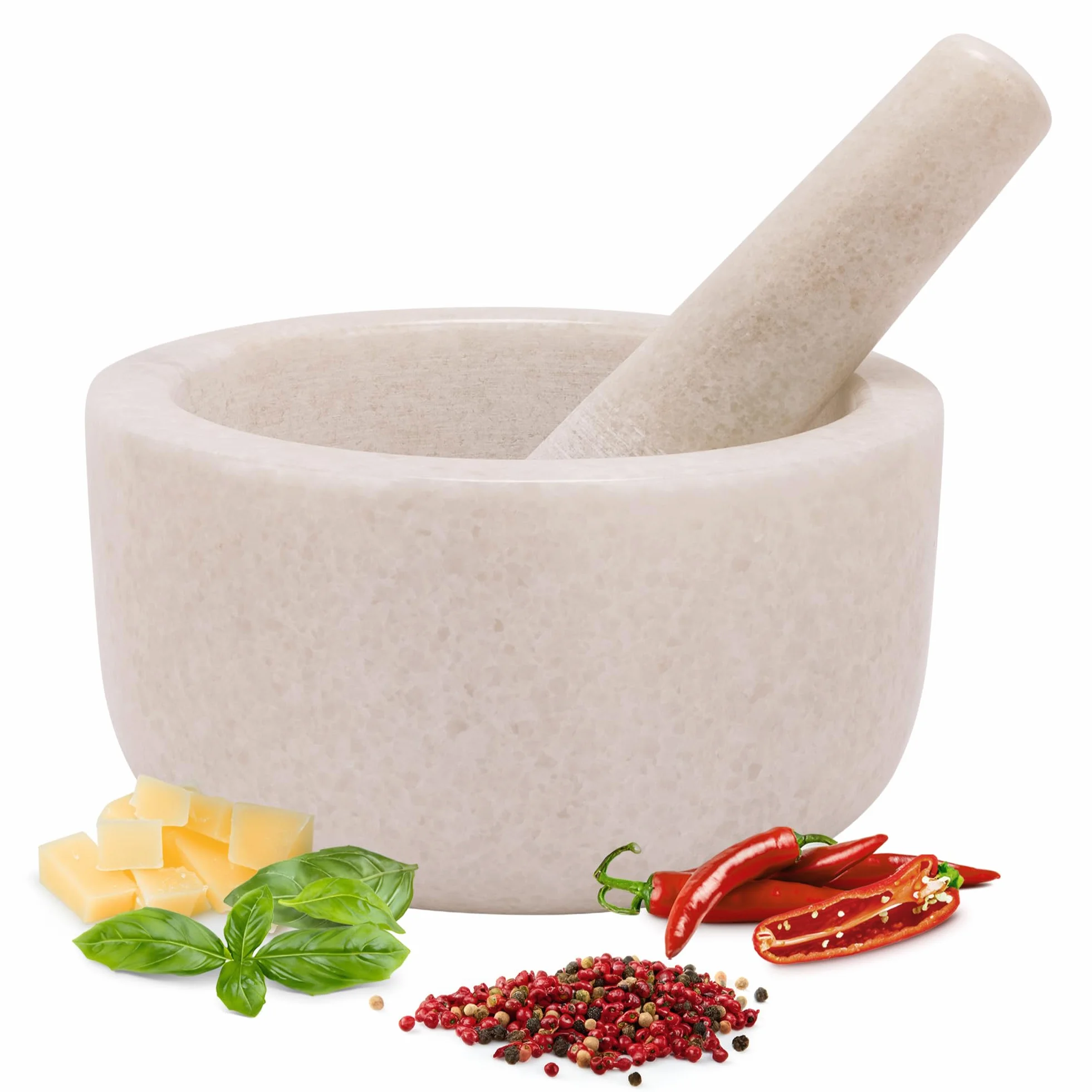 Mortaio con Pestello in Marmo Ø 18 x 10 cm per Pesto - Bianco Antiscivolo