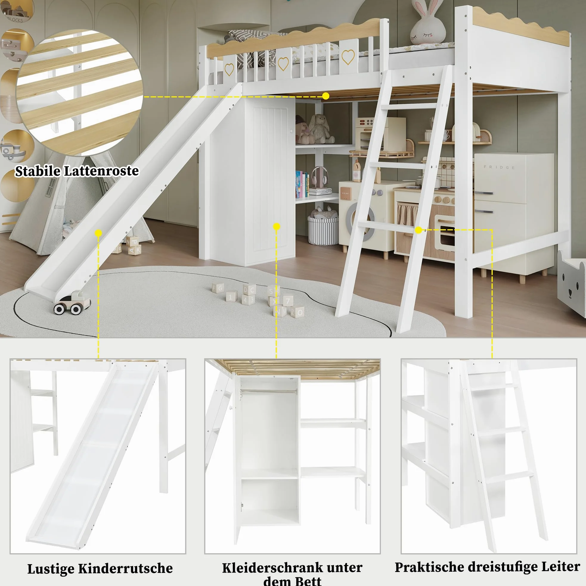 Azkoeesy Letto a Soppalco per Bambini con Scivolo, Scala Inclinata, Armadio, Mensole Librarie Integrate, Parapetto di Sicurezza Ondulato, in Pino Massiccio, Bianco, 90x200 cm