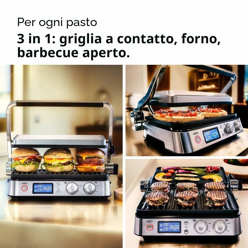Braun MultiGrill9 CG9043 Griglia Elettrica a Controllo Elettronico con 2 Termostati Indipendenti, Griglia Aperta 37x46cm, Funzione BOOST, Piastre Removibili in Dotazione 2 Set Griglia e Liscia, 2000W