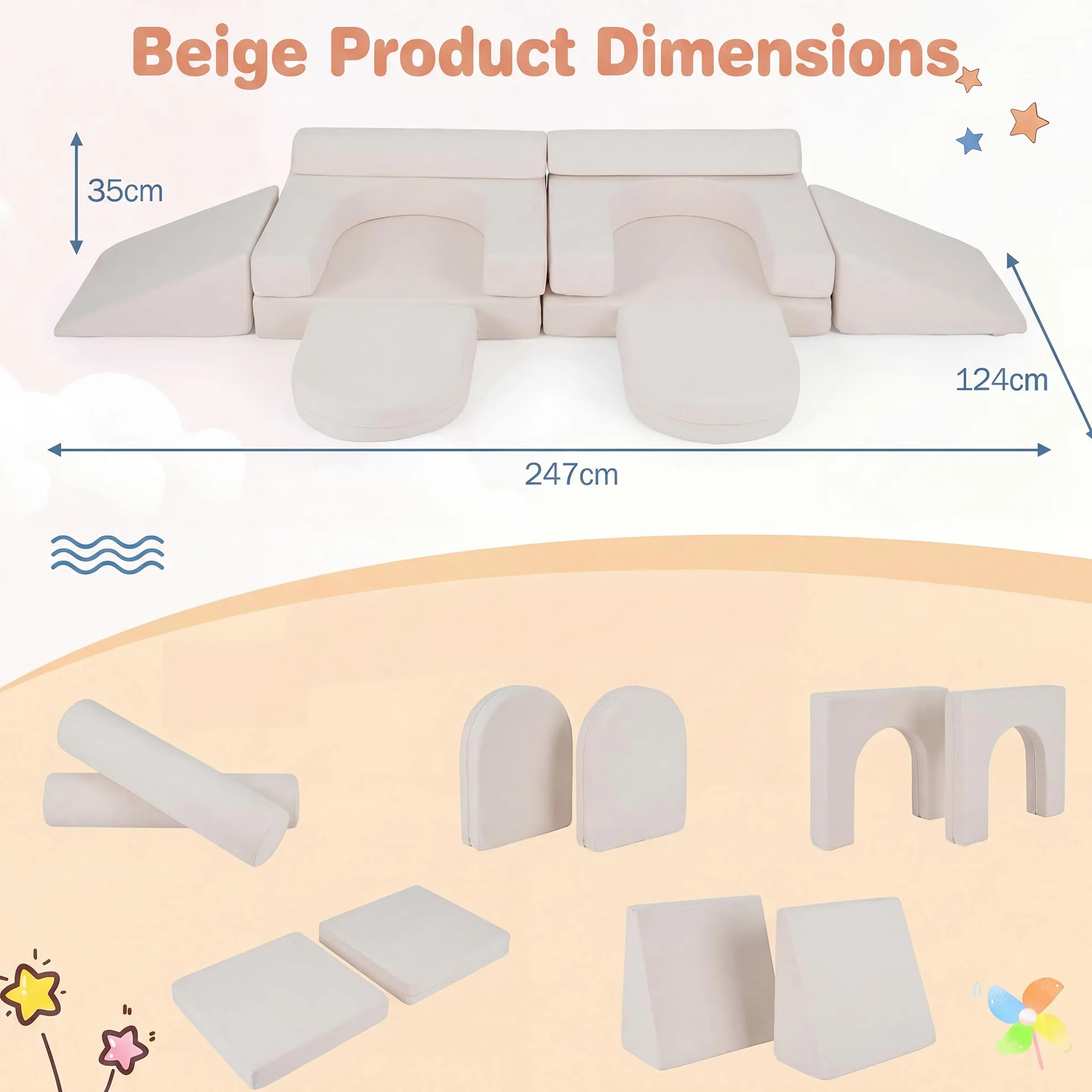 LIFEZEAL Divano Modulare per Bambini, Set di 10 Blocchi di Costruzione in Schiuma con Diverse Forme, Divano da Gioco Convertibile con Fodere Lavabili in Lavatrice per Bmabini 3+ Anni (Beige)