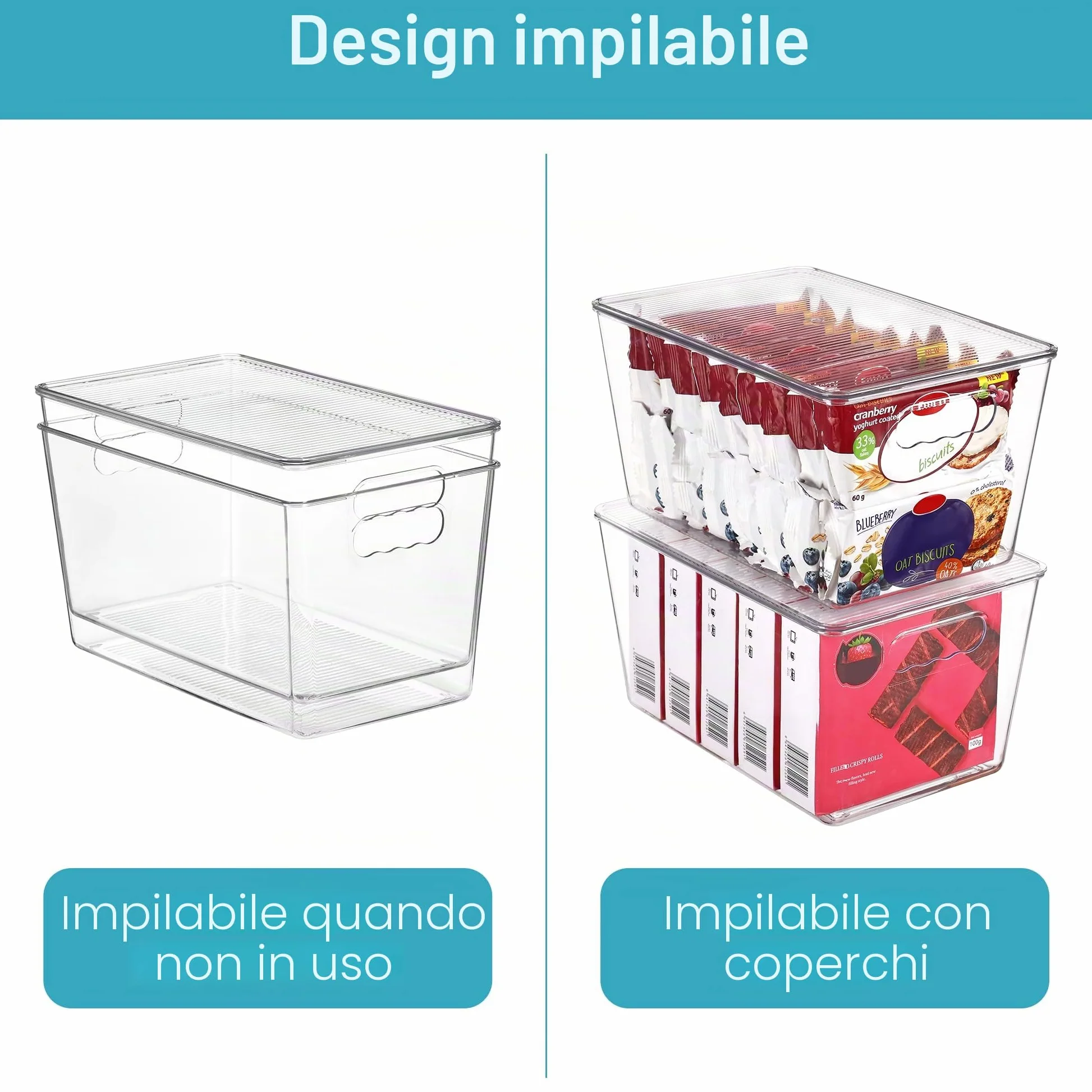Vtopmart - 6 contenitori impilabili in plastica trasparente con coperchi, grandi contenitori in plastica con manico per organizzazione e conservazione della dispensa, perfetti per bagno, armadio