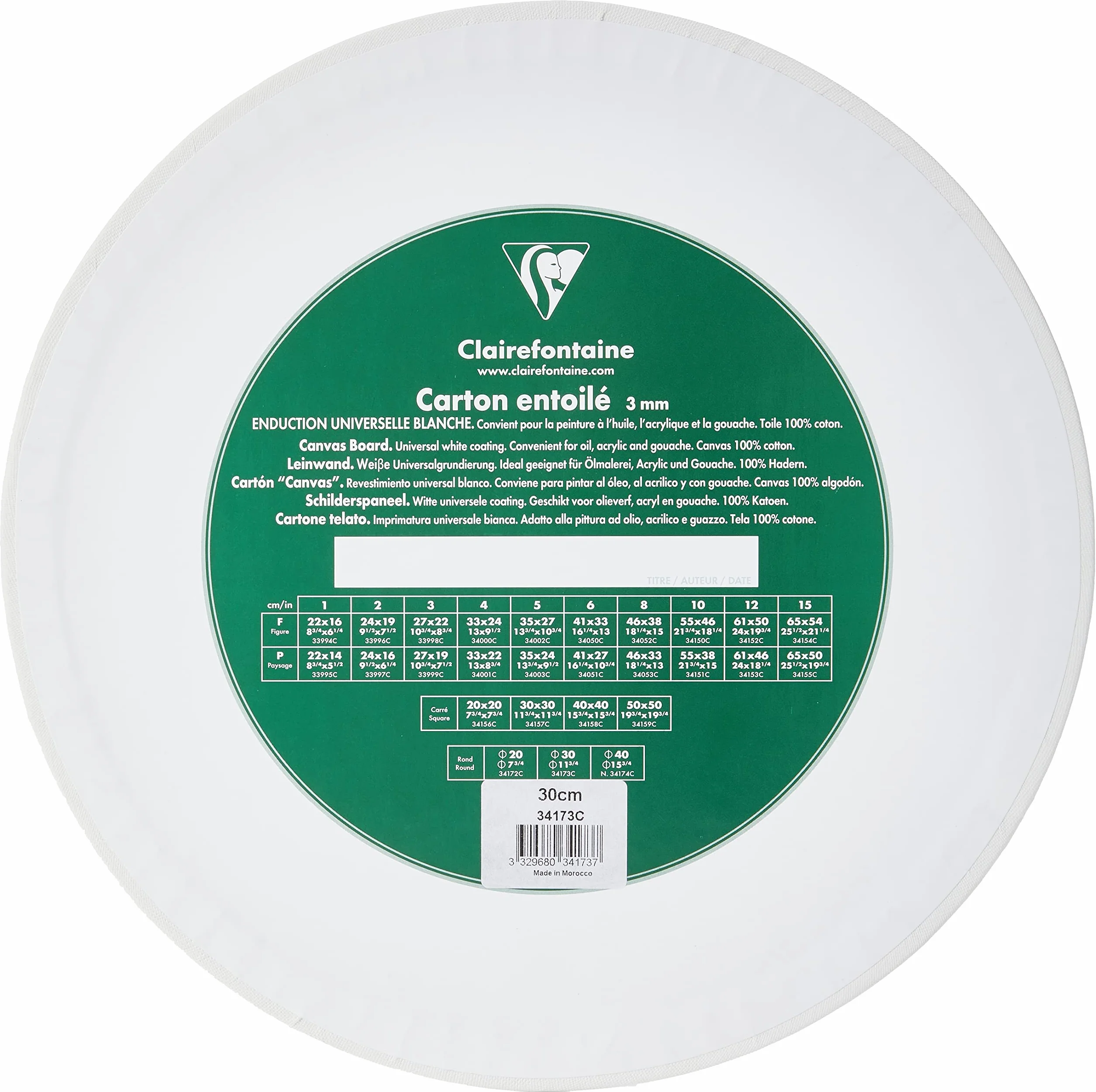 Clairefontaine 34173C - Cartone per dipingere con preparazione Bianca 30 cm (Formato tondo), spessore 3mm, tela Bianca